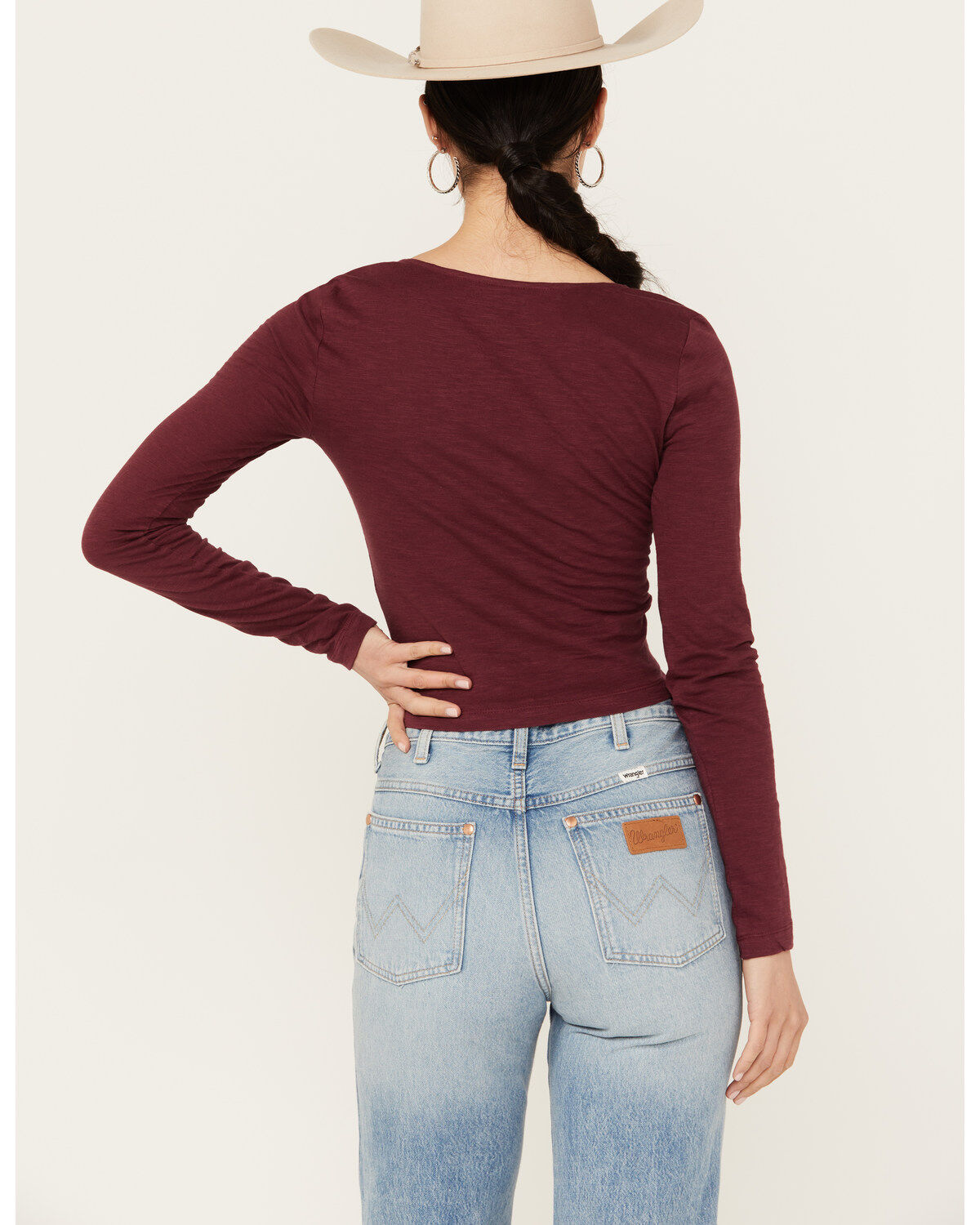 Image #4 - Shyanne Women's Long Sleeve Cutwork Front Tie Top, Maroon, hi-res