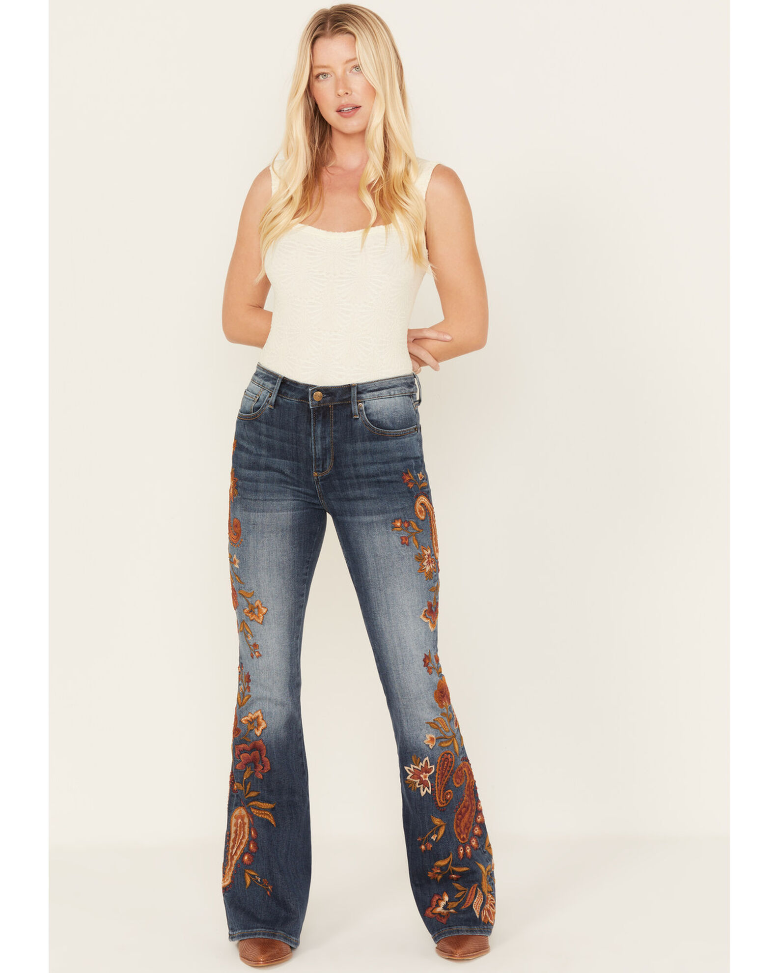 Driftwood Women s Medium Wash Autumn Paisley Print Farrah Flare Jeans