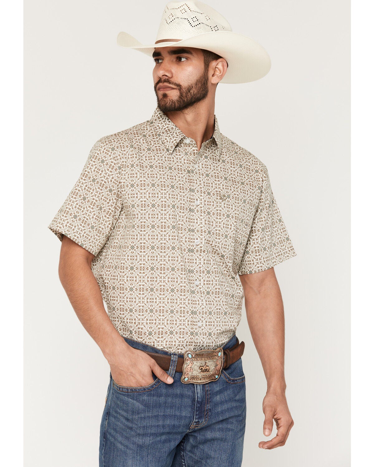 Image #1 - Cody James Men's Mind Trap Geo Print Short Sleeve Button-Down Stretch Western Shirt, Cream, hi-res