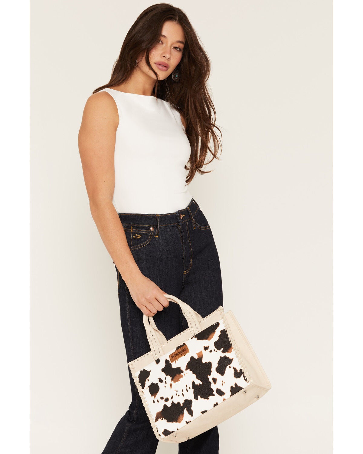 Image #1 - Wrangler X Boot Barn Women's Cow Print Square Tote, Beige, hi-res