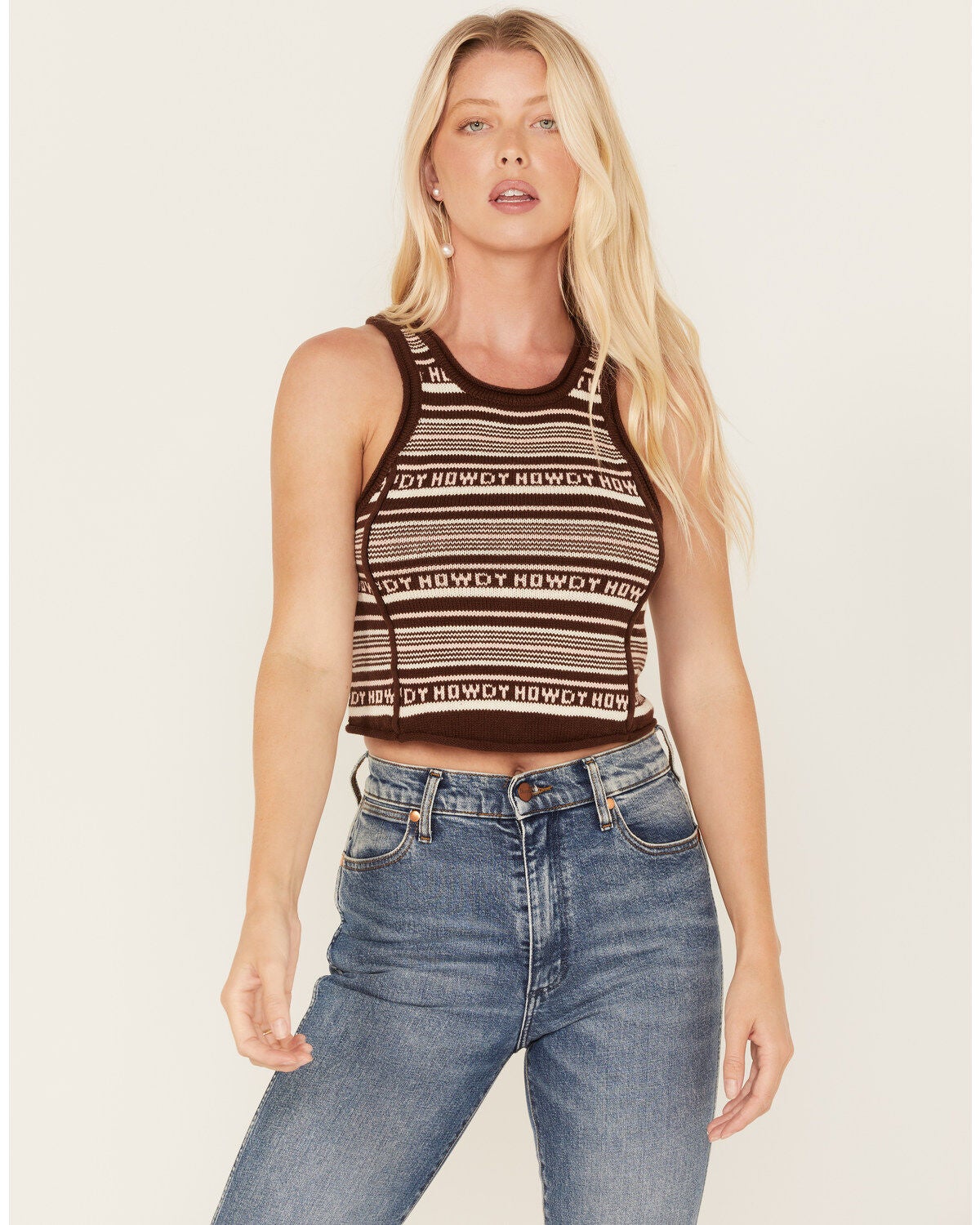 Beyond The Radar Women's Howdy Stripe Knit Sweater Cropped Tank Top, Brown, hi-res