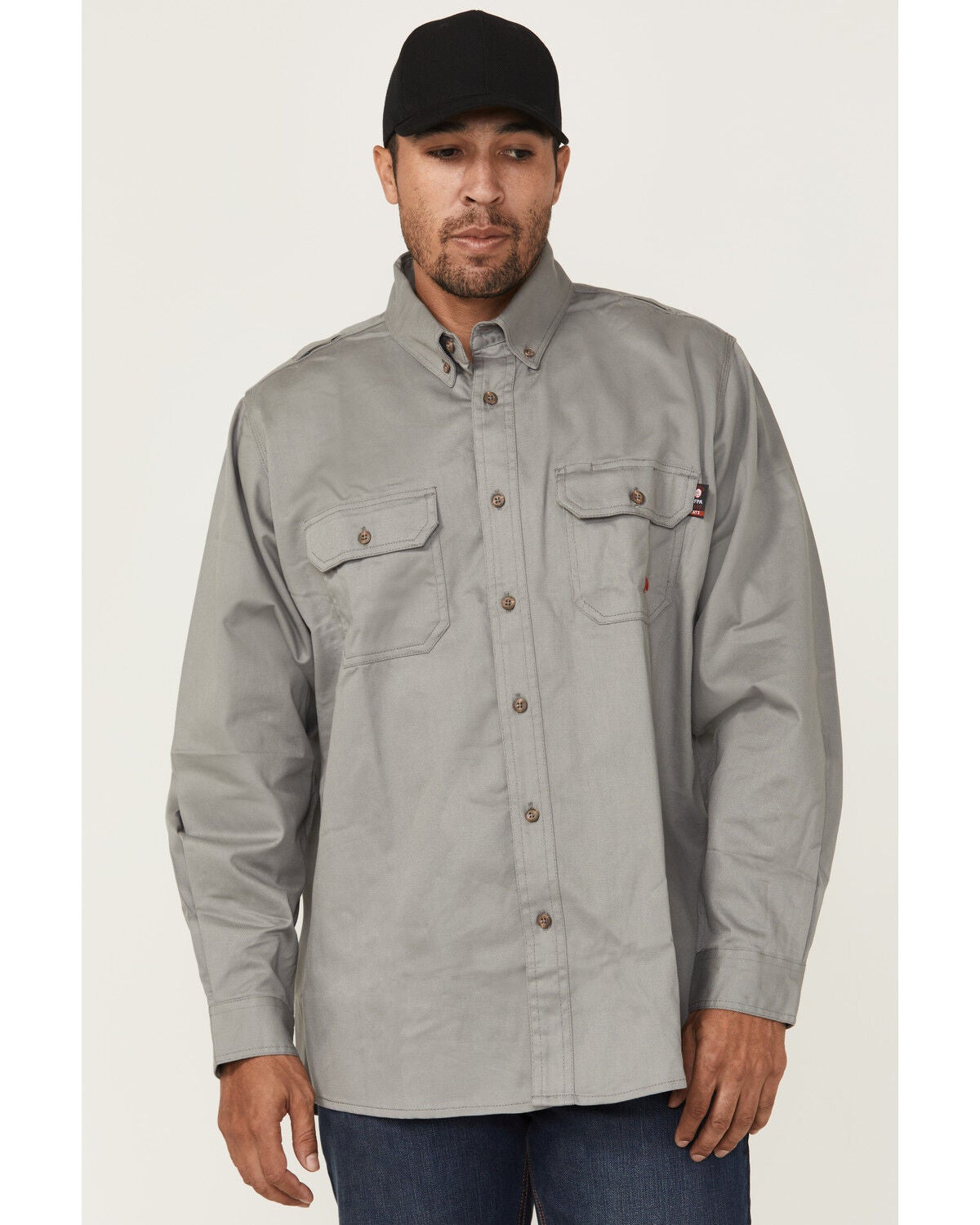 Forge Workwear Men's FR Solid Long Sleeve Button-Down Work Shirt, Light Grey, hi-res
