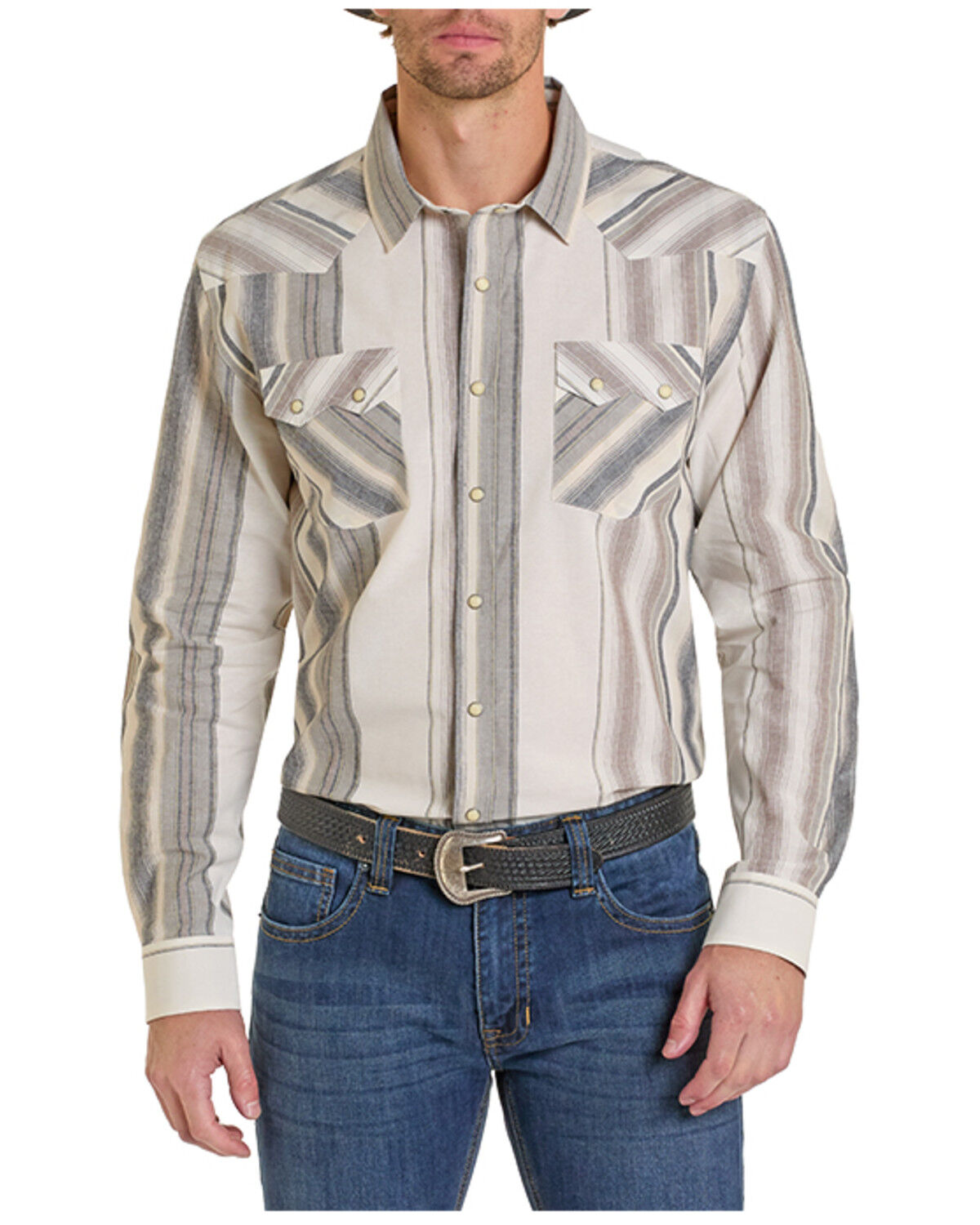 Image #1 - Panhandle Men's Vintage Stripe Print Long Sleeve Snap Western Shirt, Natural, hi-res