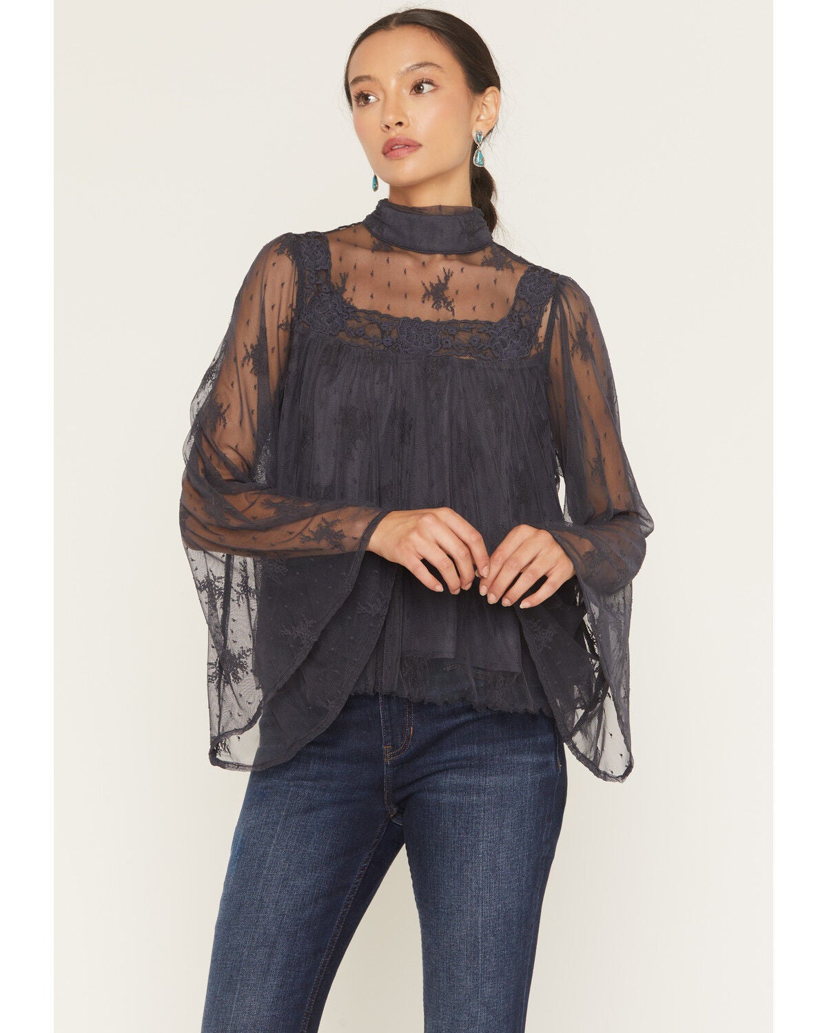 By Together Women's Mock Neck Lace Long Sleeve Top, Navy, hi-res