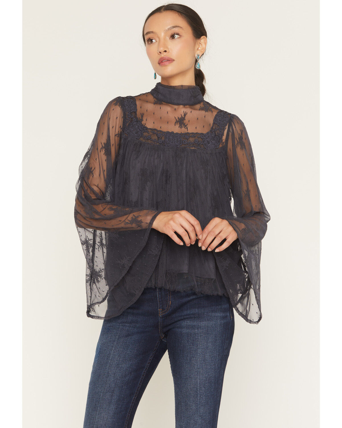 Image #1 - By Together Women's Mock Neck Lace Long Sleeve Top, Navy, hi-res