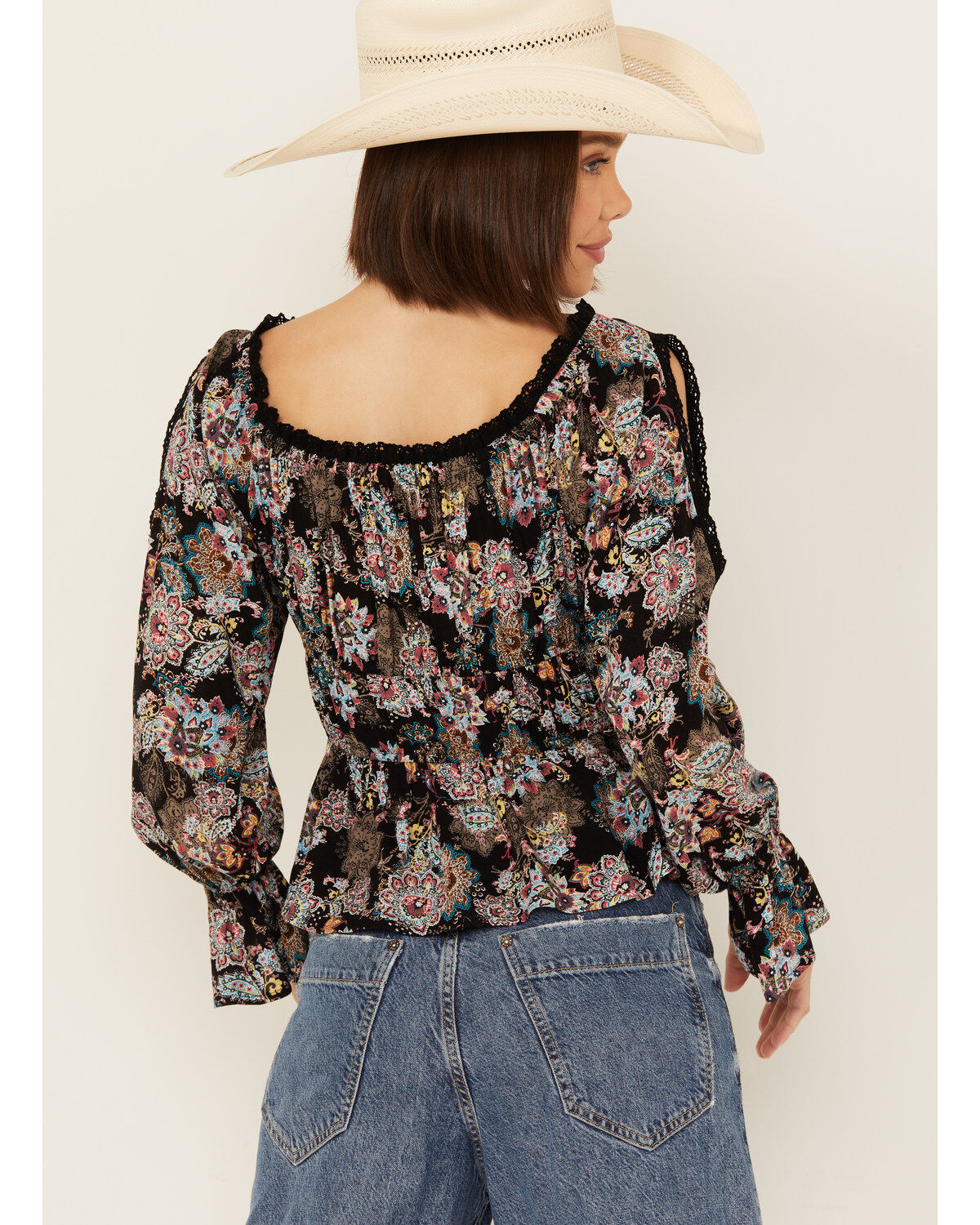 Image #4 - Wild Moss Women's Smocked Front Cold Shoulder Long Sleeve Shirt, Black, hi-res