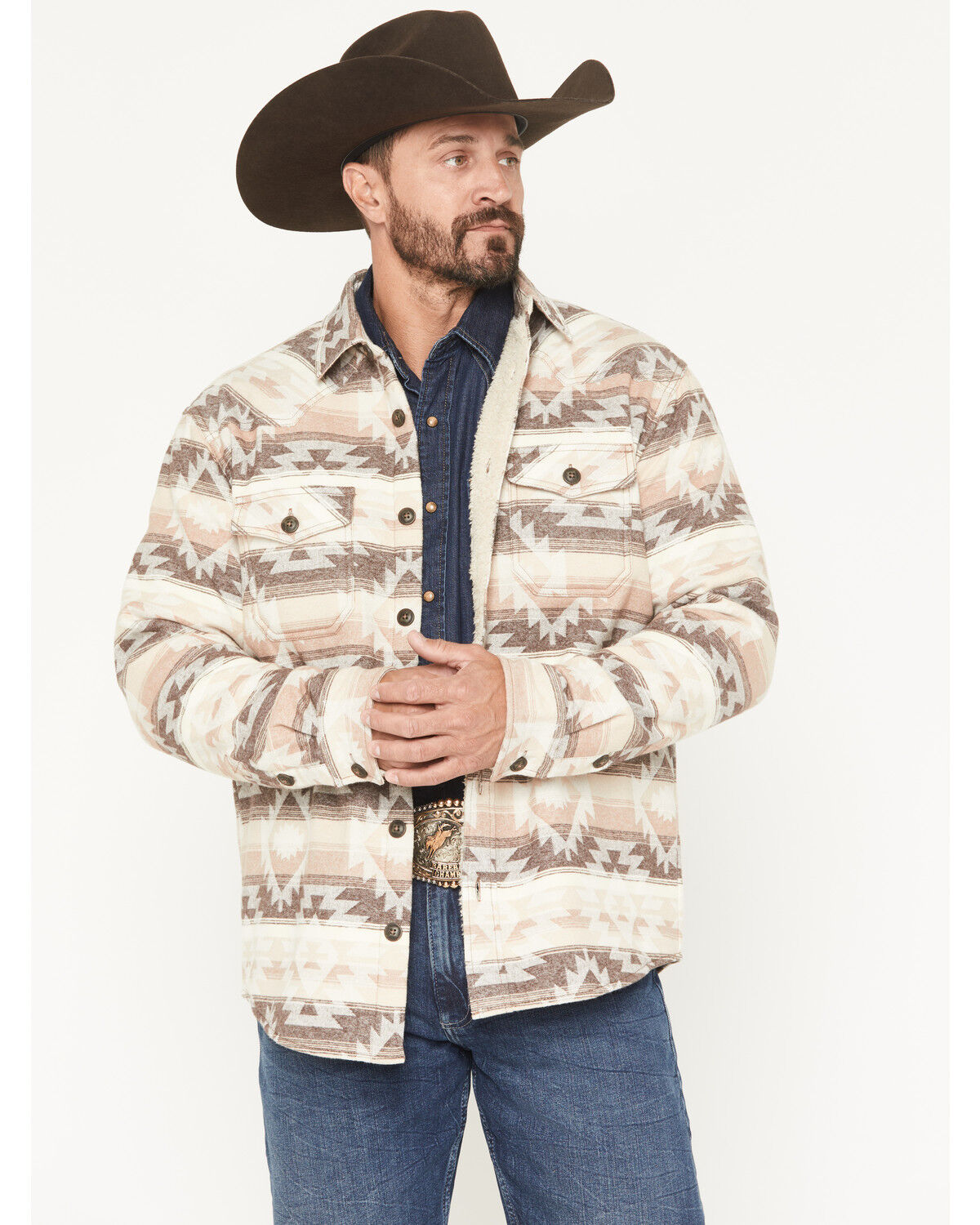 Image #1 - Cody James Men's Emmons Sherpa Lined Southwestern Striped Flannel Shirt Jacket, Tan, hi-res