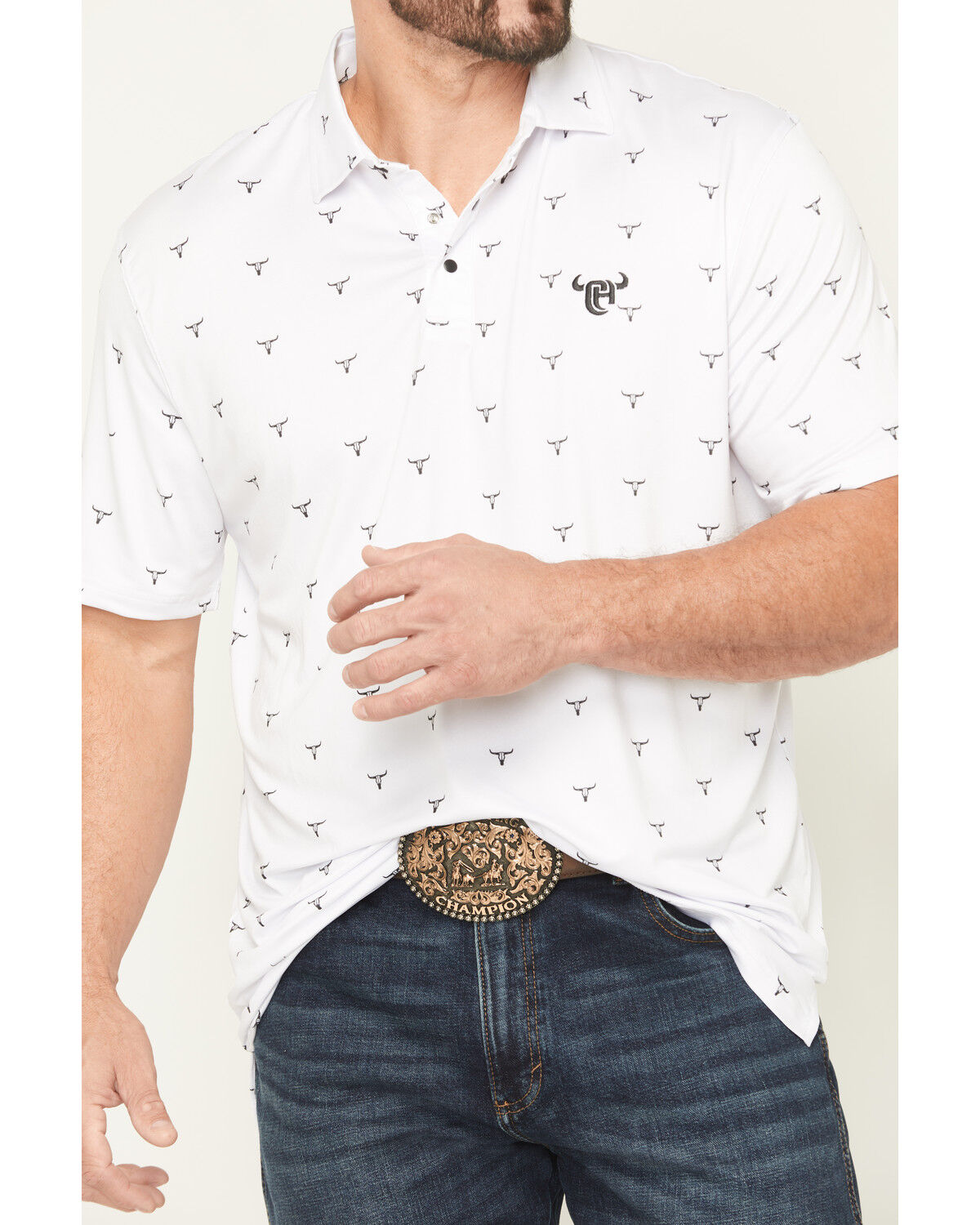 Image #3 - Cowboy Hardware Men's Steerhead Print Short Sleeve Snap Polo, White, hi-res