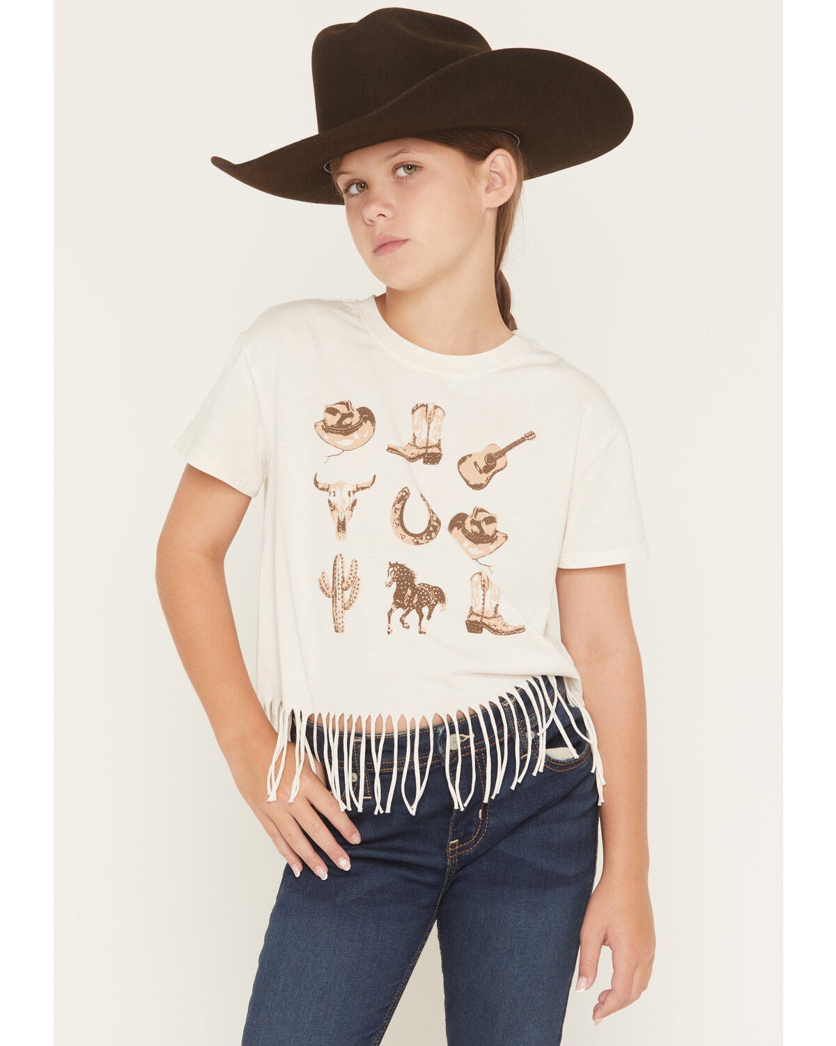 Buttercup Girls' Cowgirl Icons Fringe Short Sleeve Graphic Tee, Off White, hi-res