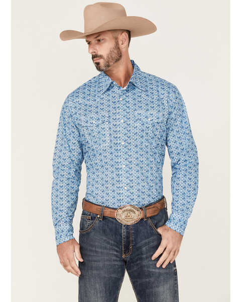 Wrangler 20X Men's Advanced Comfort Geo Print Long Sleeve Snap Western Shirt , Blue, hi-res