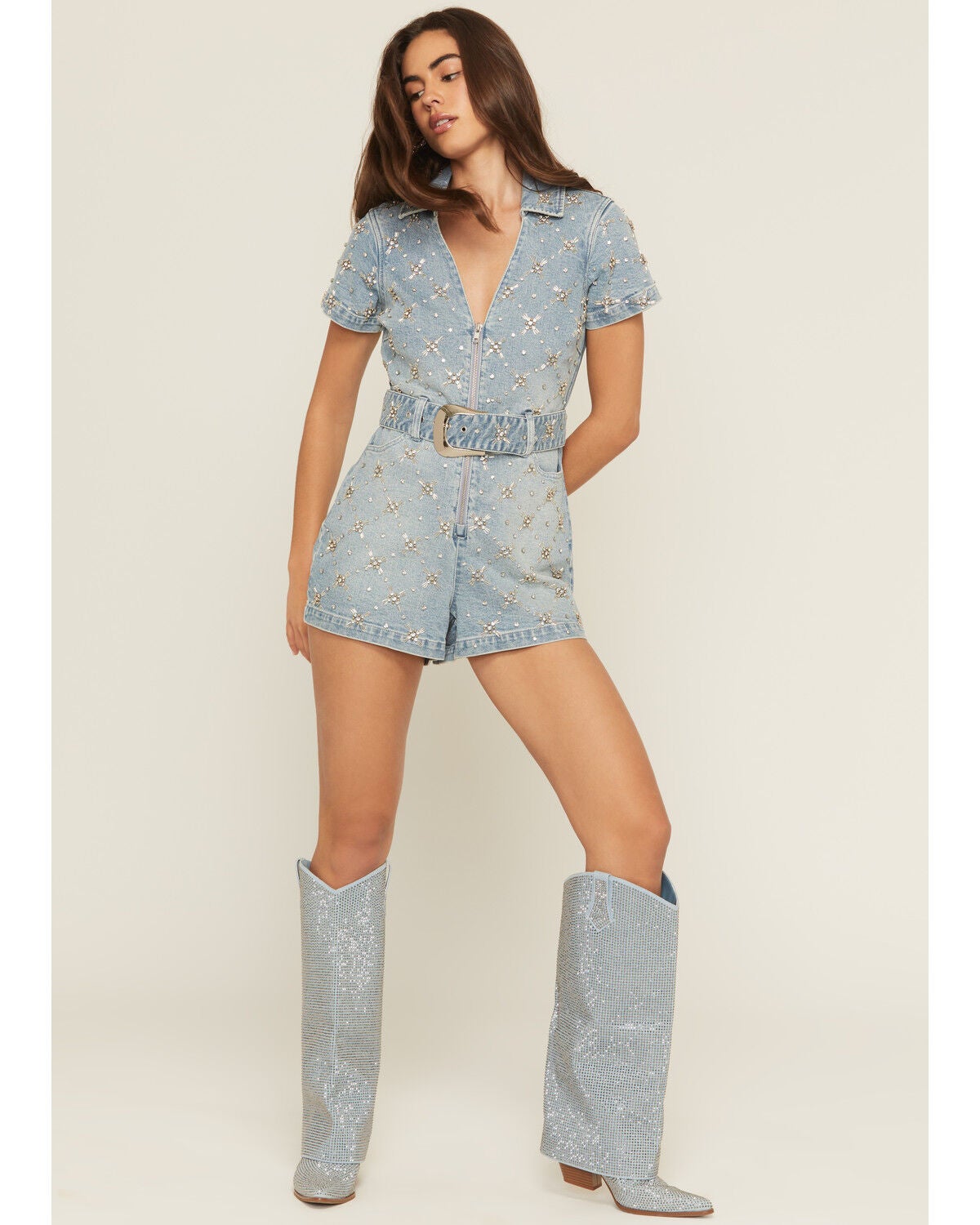 Show Me Your Mumu Women's Medium Wash Dolly Embellished Short Sleeve Denim Romper, Medium Wash, hi-res