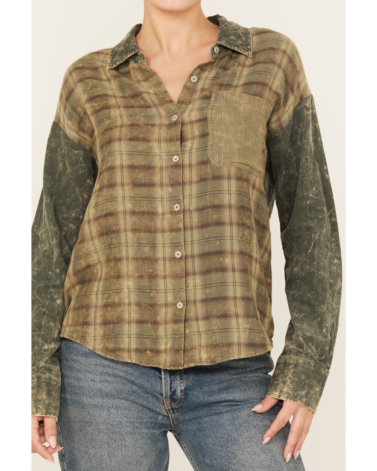 Image #3 - Mystree Women's Plaid Print Color Block Long Sleeve Button-Down Shirt, Green, hi-res