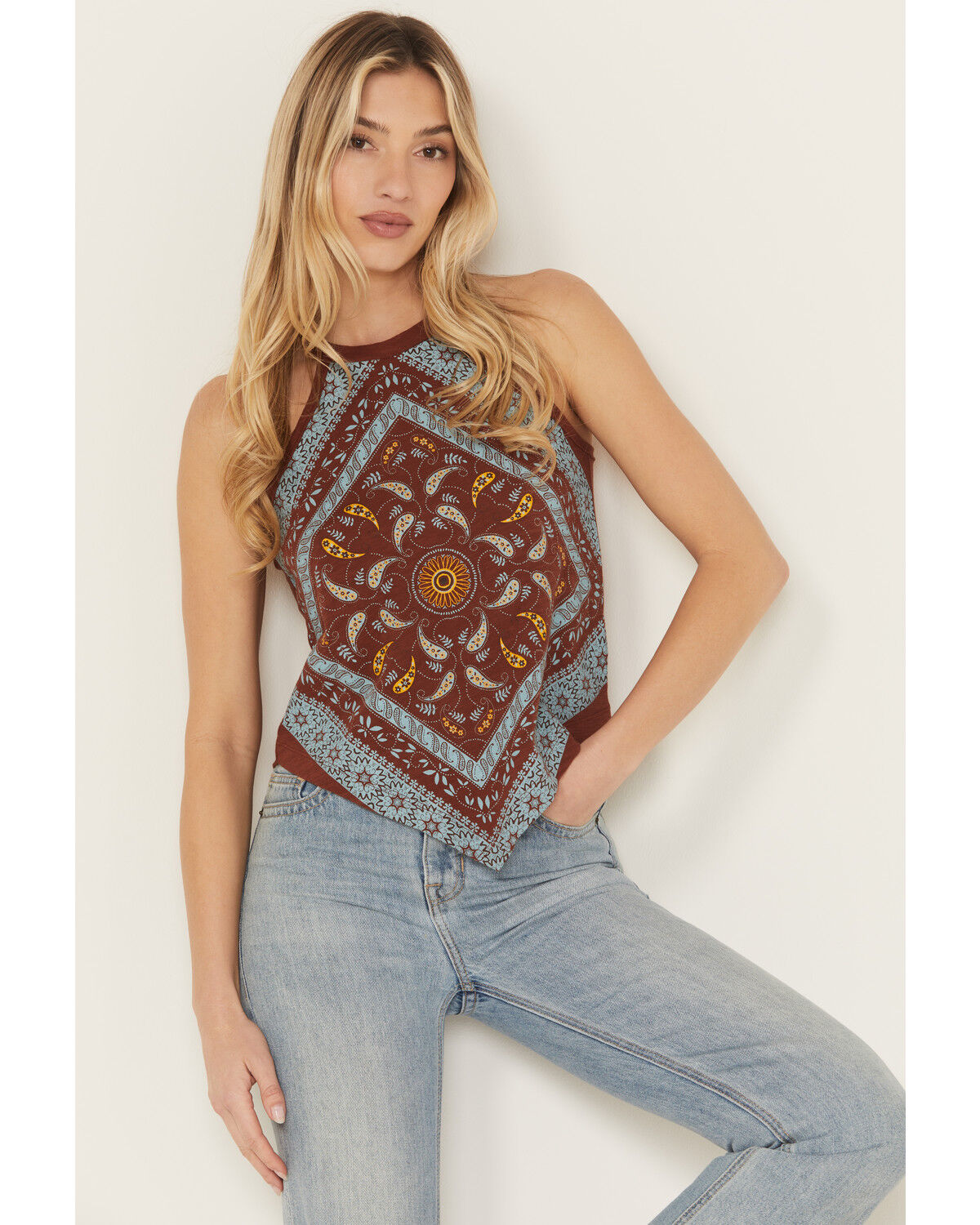 Shyanne Women's Bandana Print Halter Tank, Mahogany, hi-res