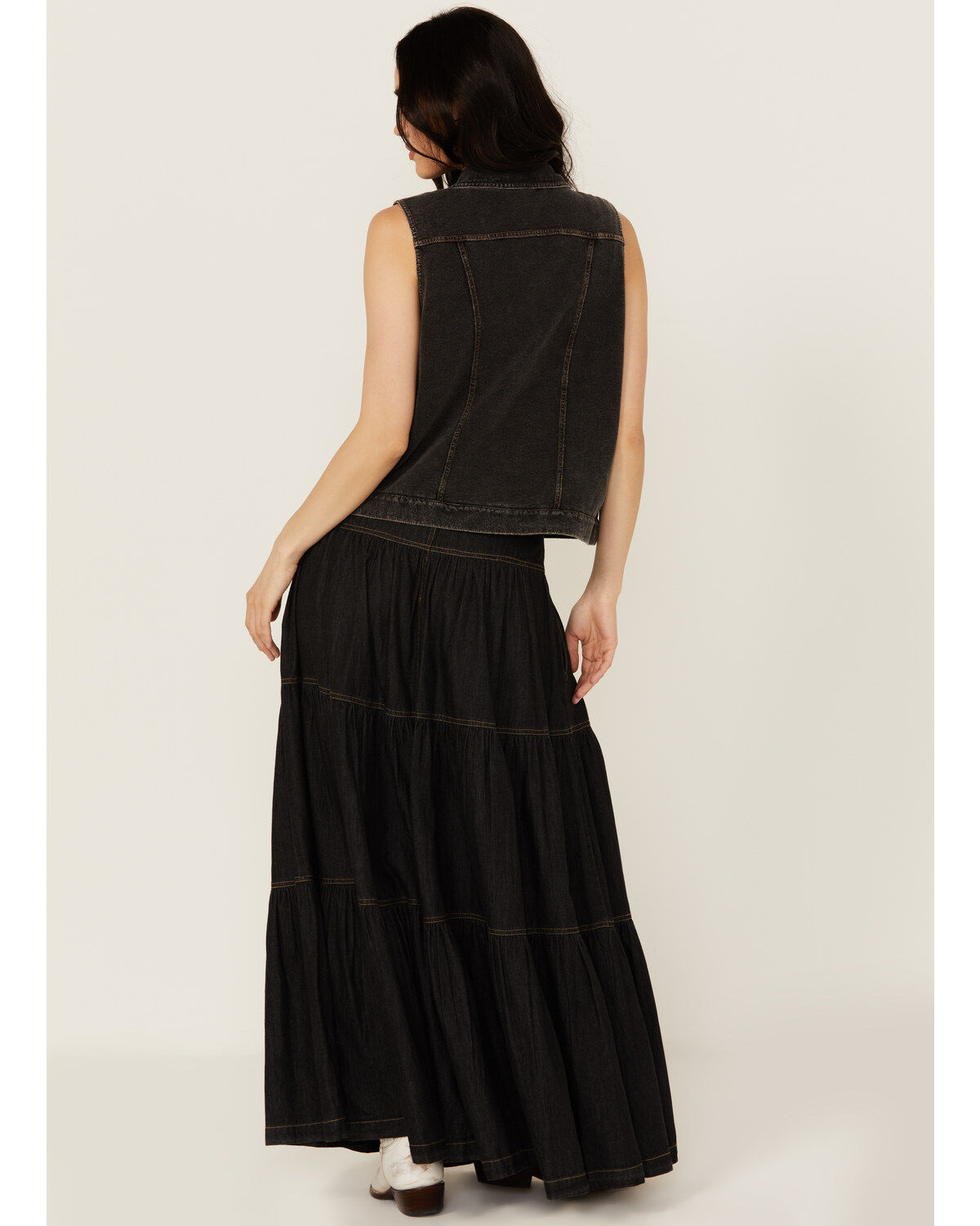Image #3 - Revel Women's Tiered Denim Maxi Skirt, Black, hi-res