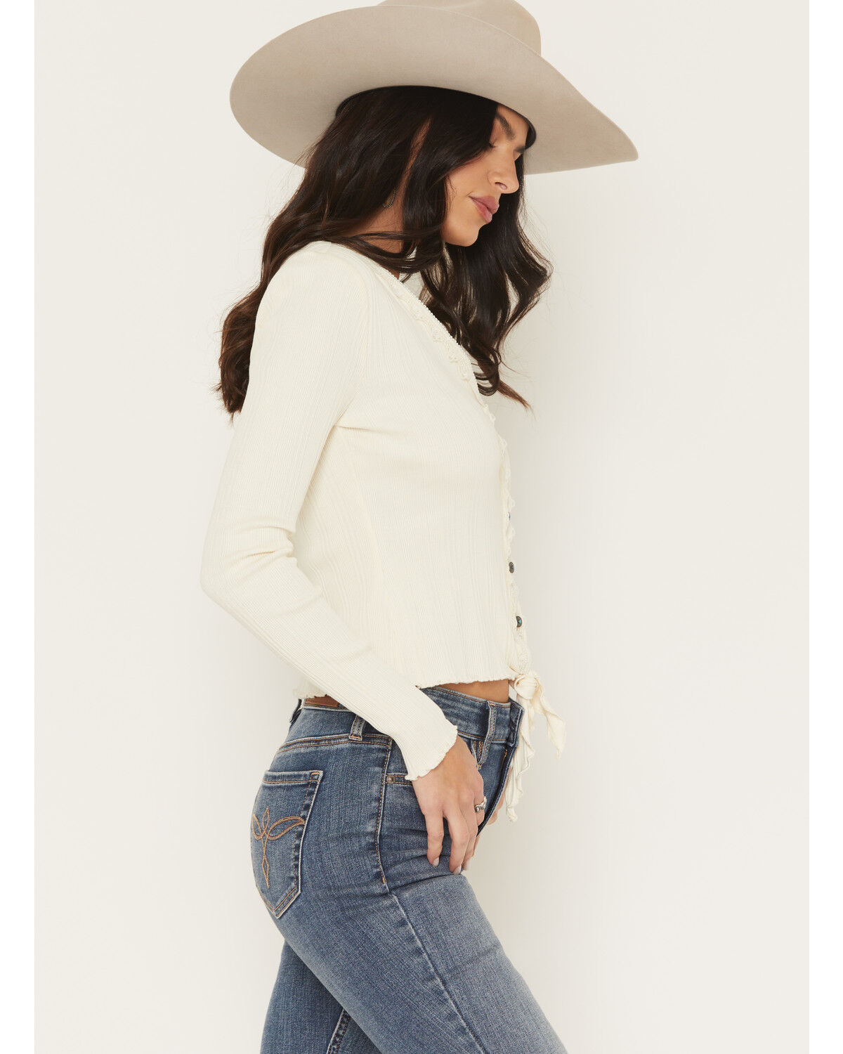 Image #2 - Shyanne Women's Lace Trim Tie-Front Long Sleeve Top, Cream, hi-res
