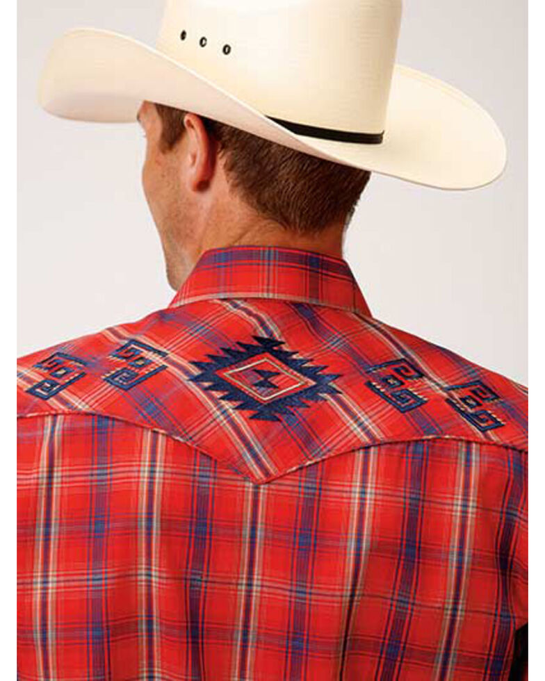 Roper Men's Red Plaid Aztec Embroidered Long Sleeve Western Shirt ...