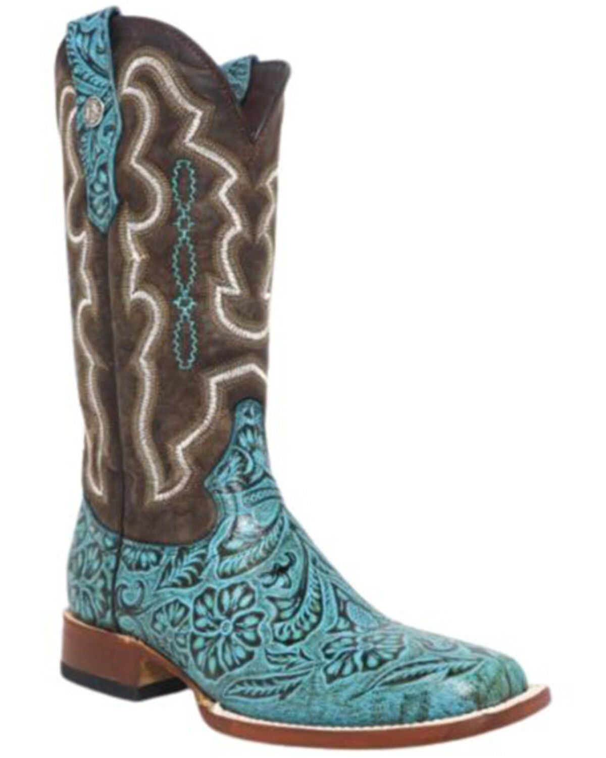 Tanner Mark Women's Misty Tooled Western Boots - Broad Square Toe, Turquoise, hi-res