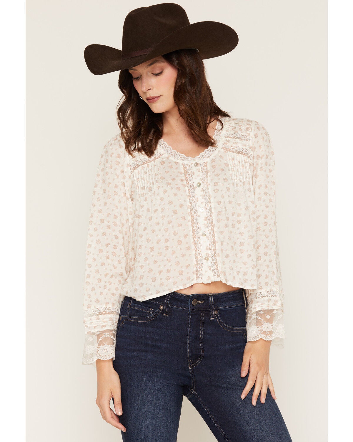Wild Moss Women's Floral Lace Trim Top, Ivory, hi-res