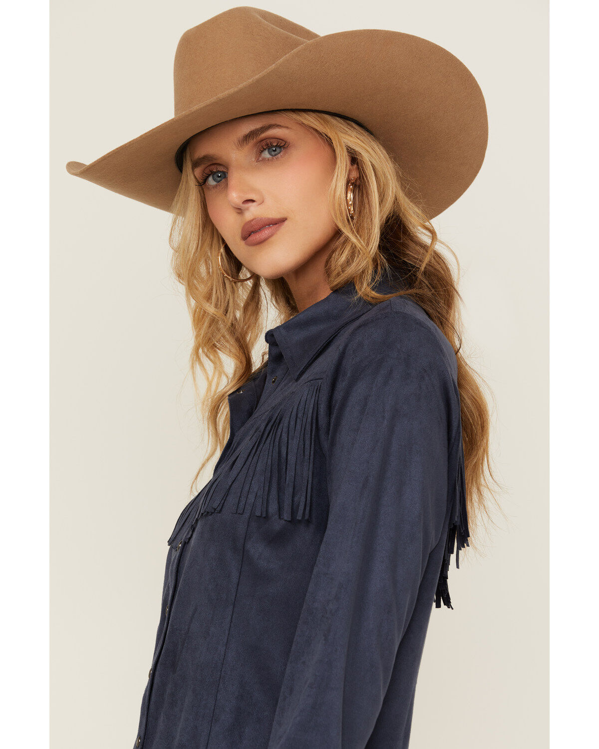 Image #2 - Shyanne Women's Fringe Long Sleeve Snap Western Shirt, Navy, hi-res
