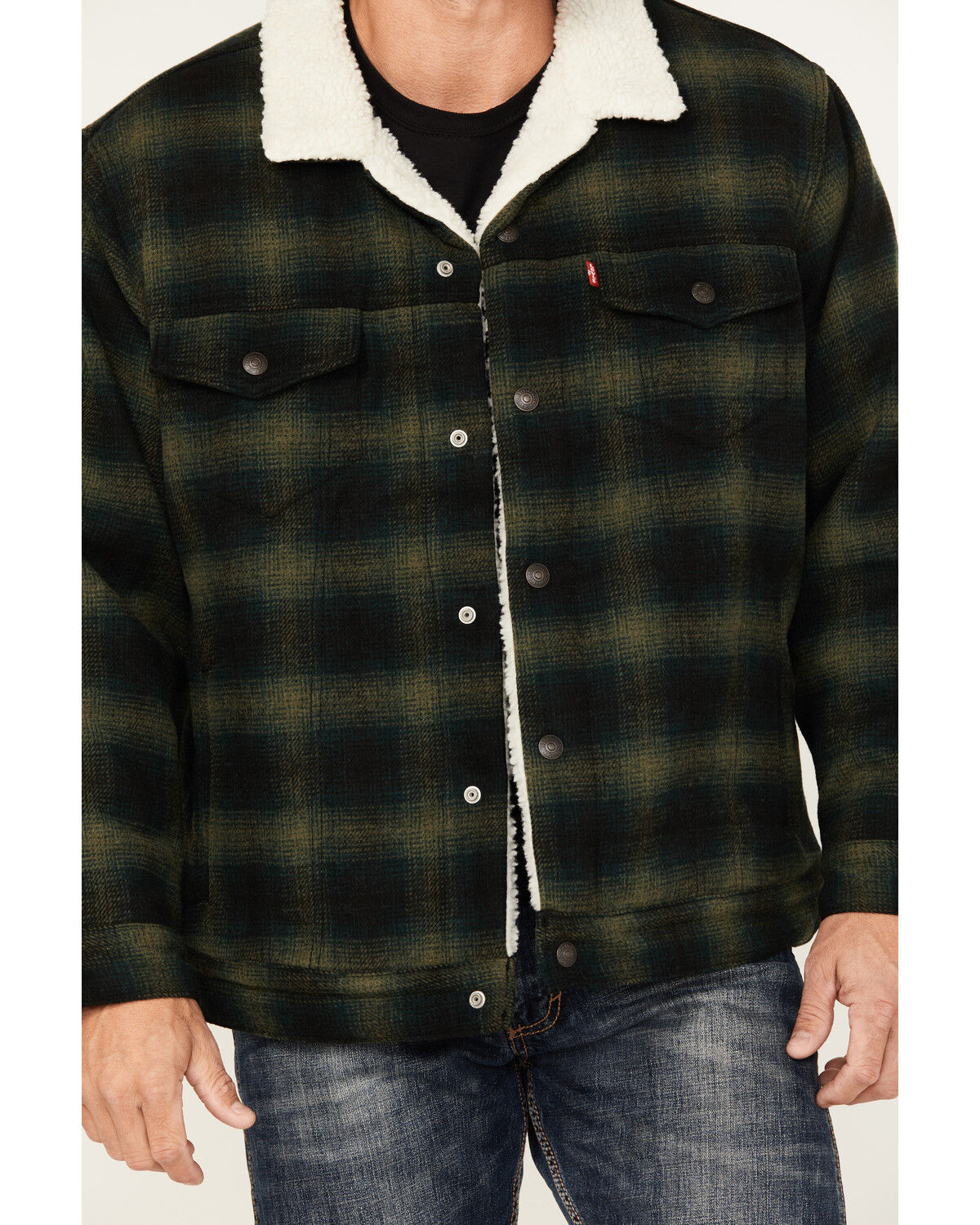 Image #3 - Levi's Men's Plaid Print Relaxed Sherpa Trucker Jacket, Dark Green, hi-res