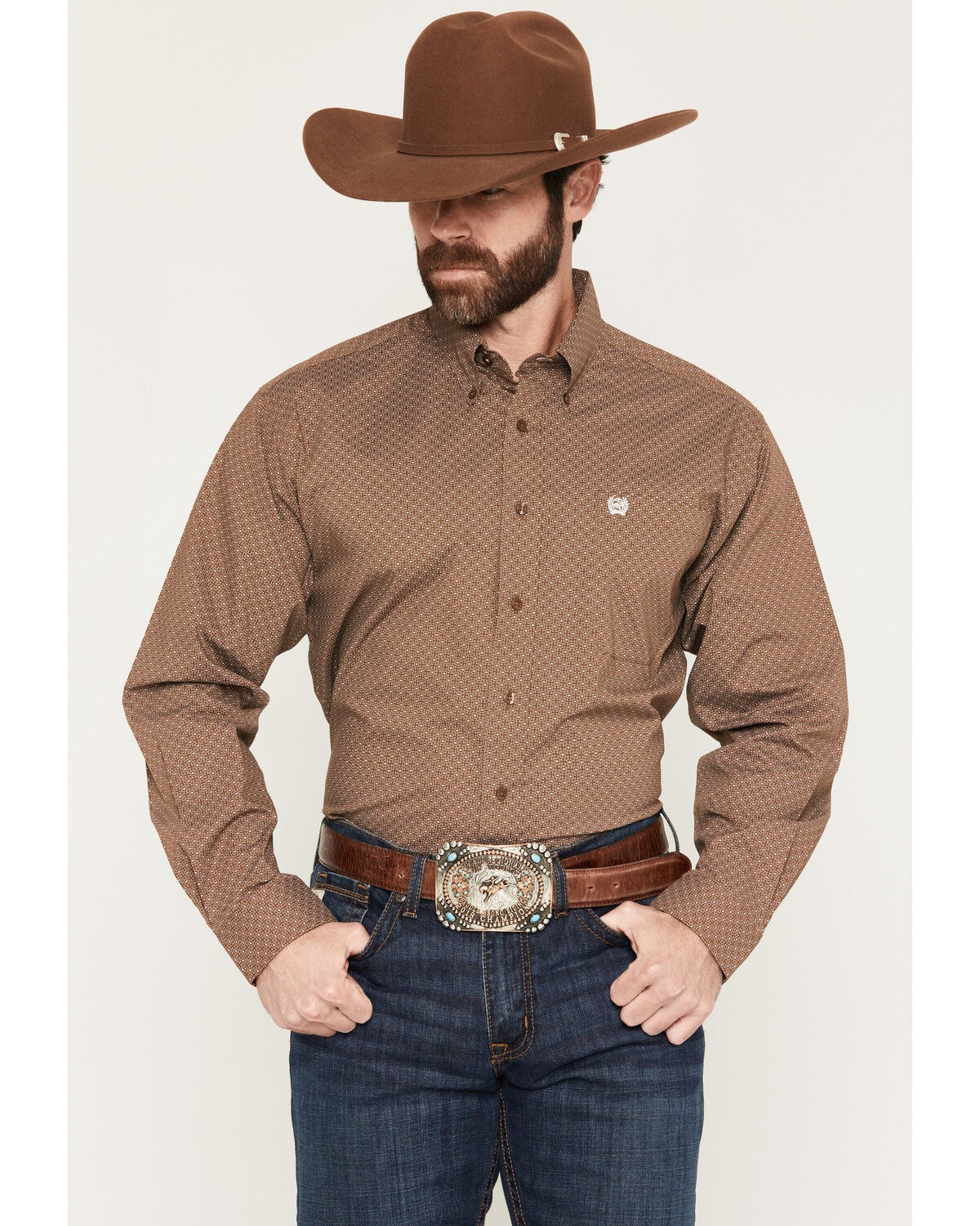 Image #1 - Cinch Men's Geo Print Long Sleeve Button-Down Stretch Western Shirt, Brown, hi-res