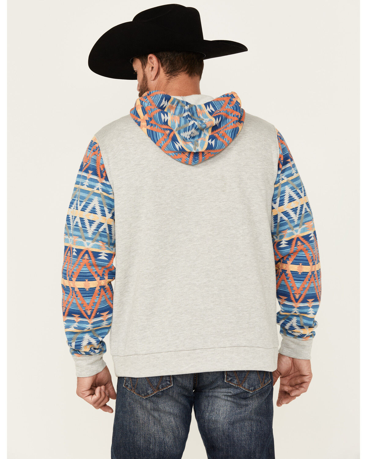 Image #4 - Rock & Roll Denim Men's Southwestern Print Color Block Hooded Sweatshirt, Grey, hi-res