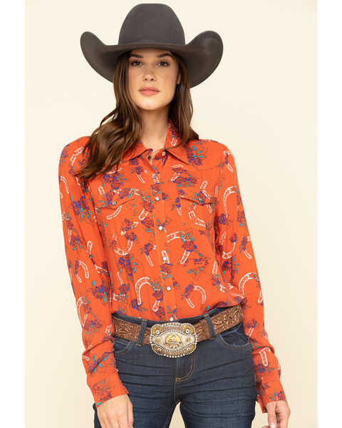 Image #1 - Cruel Girl Women's Rust Horseshoe Rose Print Long Sleeve Western Shirt , , hi-res
