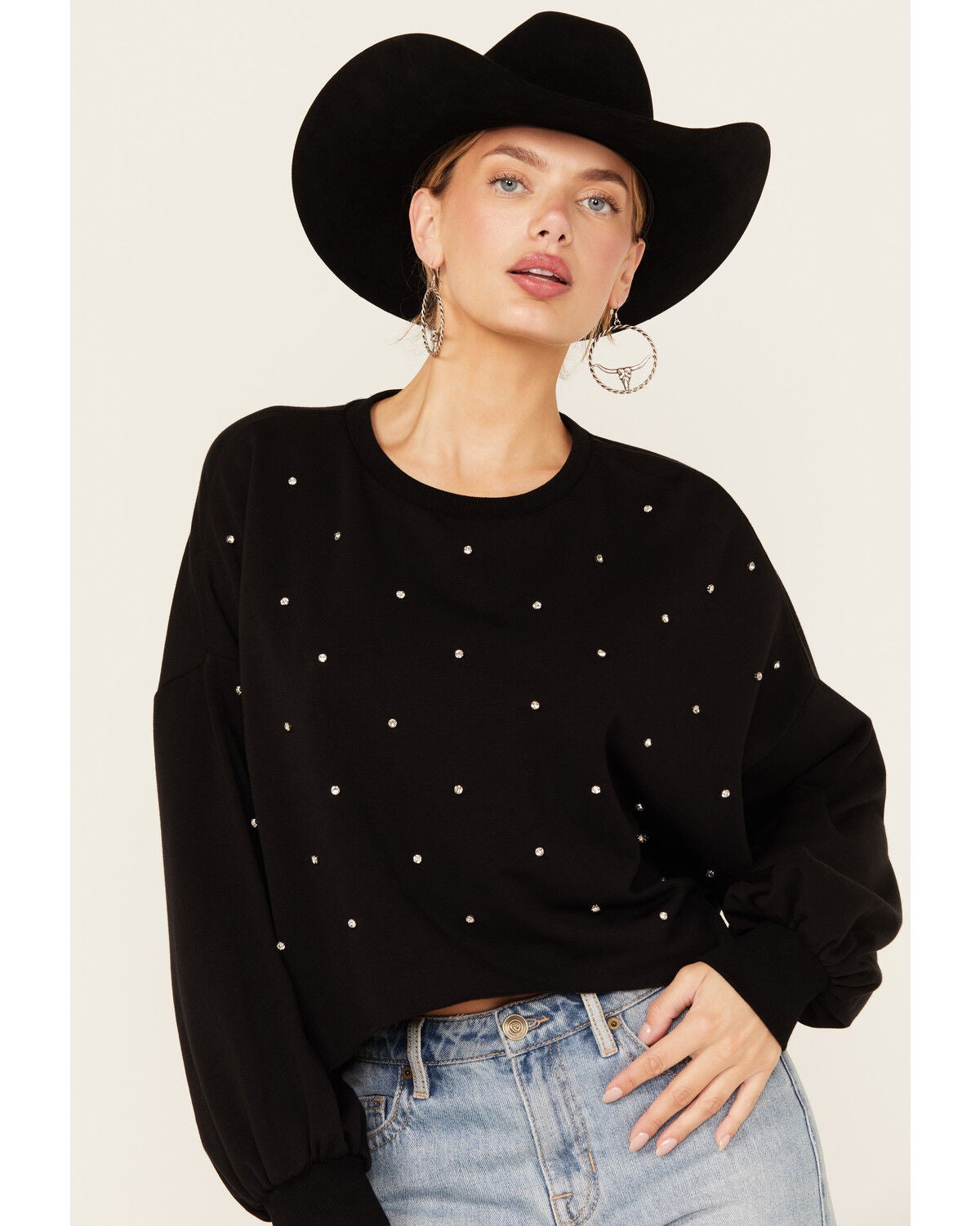 Rock & Roll Denim Women's Rhinestone Sweatshirt, Black, hi-res