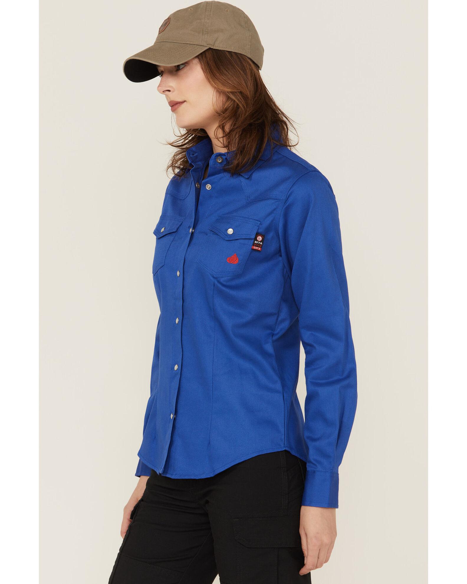 Image #2 - Forge Workwear Women's FR Solid Long Sleeve Snap Stretch Work Shirt, Royal Blue, hi-res