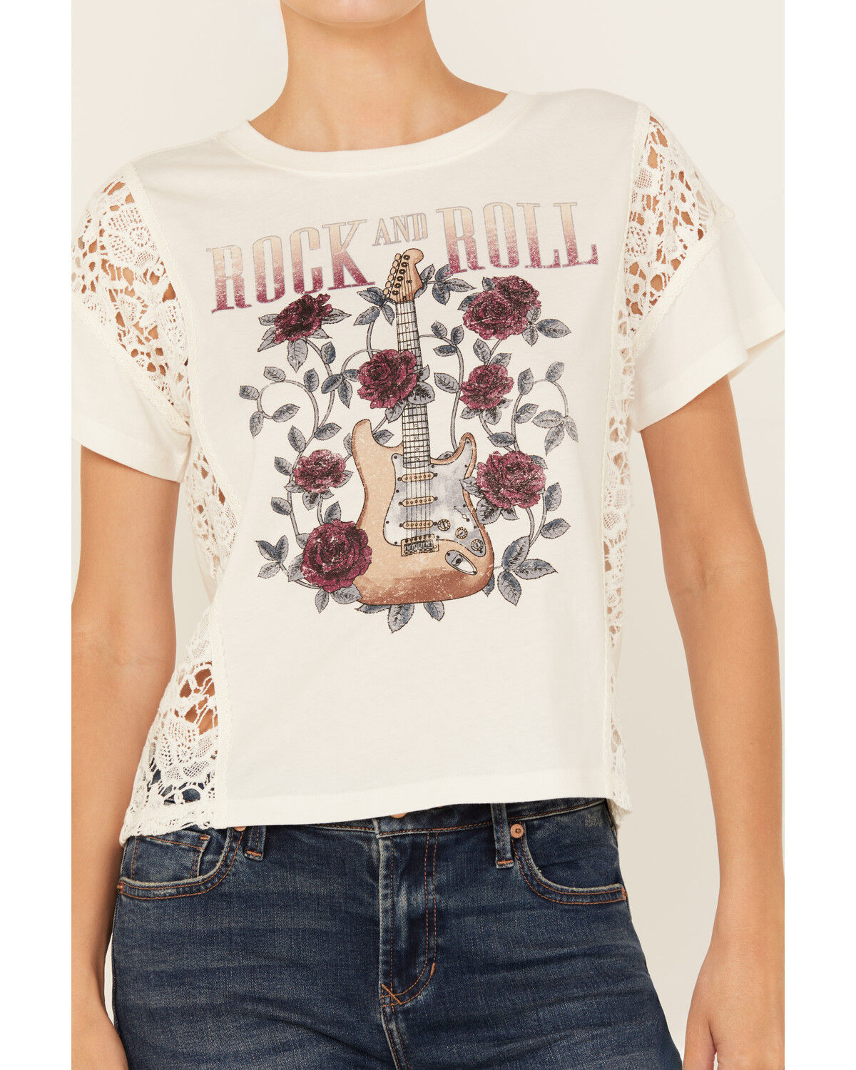 Image #3 - Shyanne Women's Rock & Roll Lace Short Sleeve Graphic Tee, Off White, hi-res