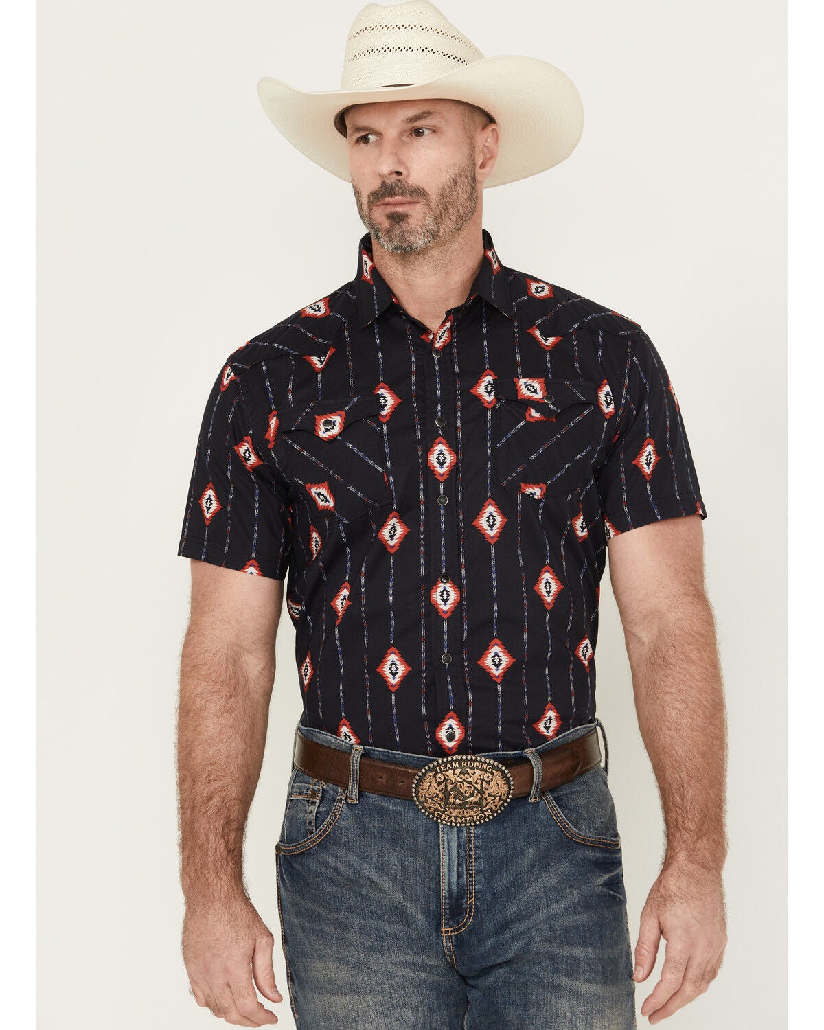 Panhandle Men's Geo Print Short Sleeve Snap Western Shirt, Black, hi-res