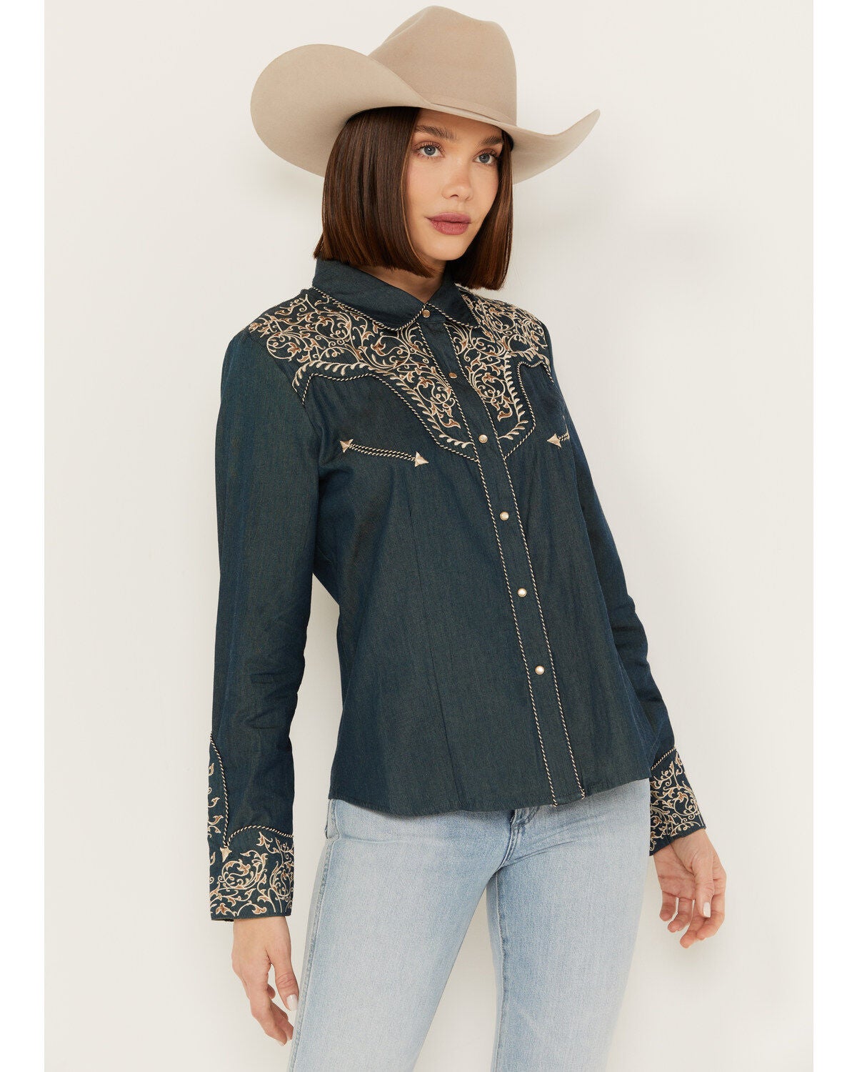 Scully Women's Vine Embroidered Long Sleeve Pearl Snap Western Shirt, Blue, hi-res