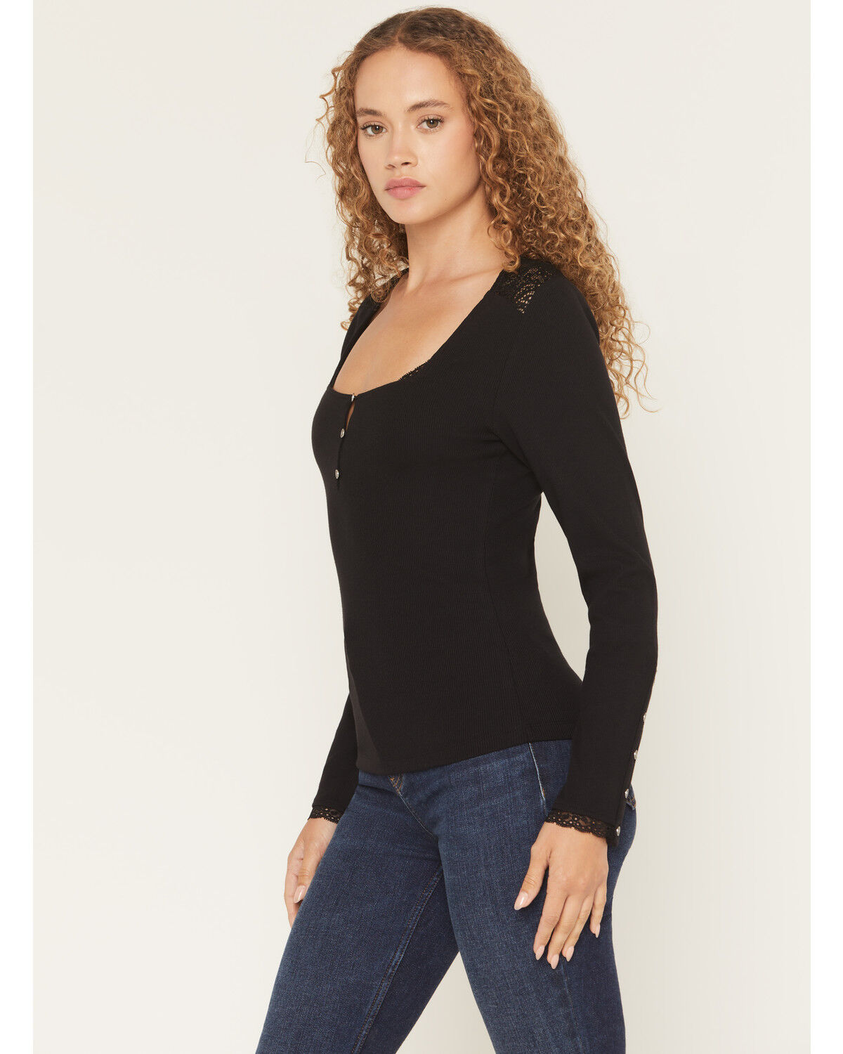 Image #2 - Idyllwind Women's Sugarhill Lace Long Sleeve Ribbed Shirt, Black, hi-res
