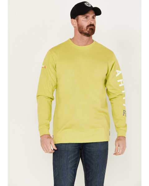 Ariat Men's FR Roughneck Skull Logo Long Sleeve Work Shirt, Bright Green, hi-res