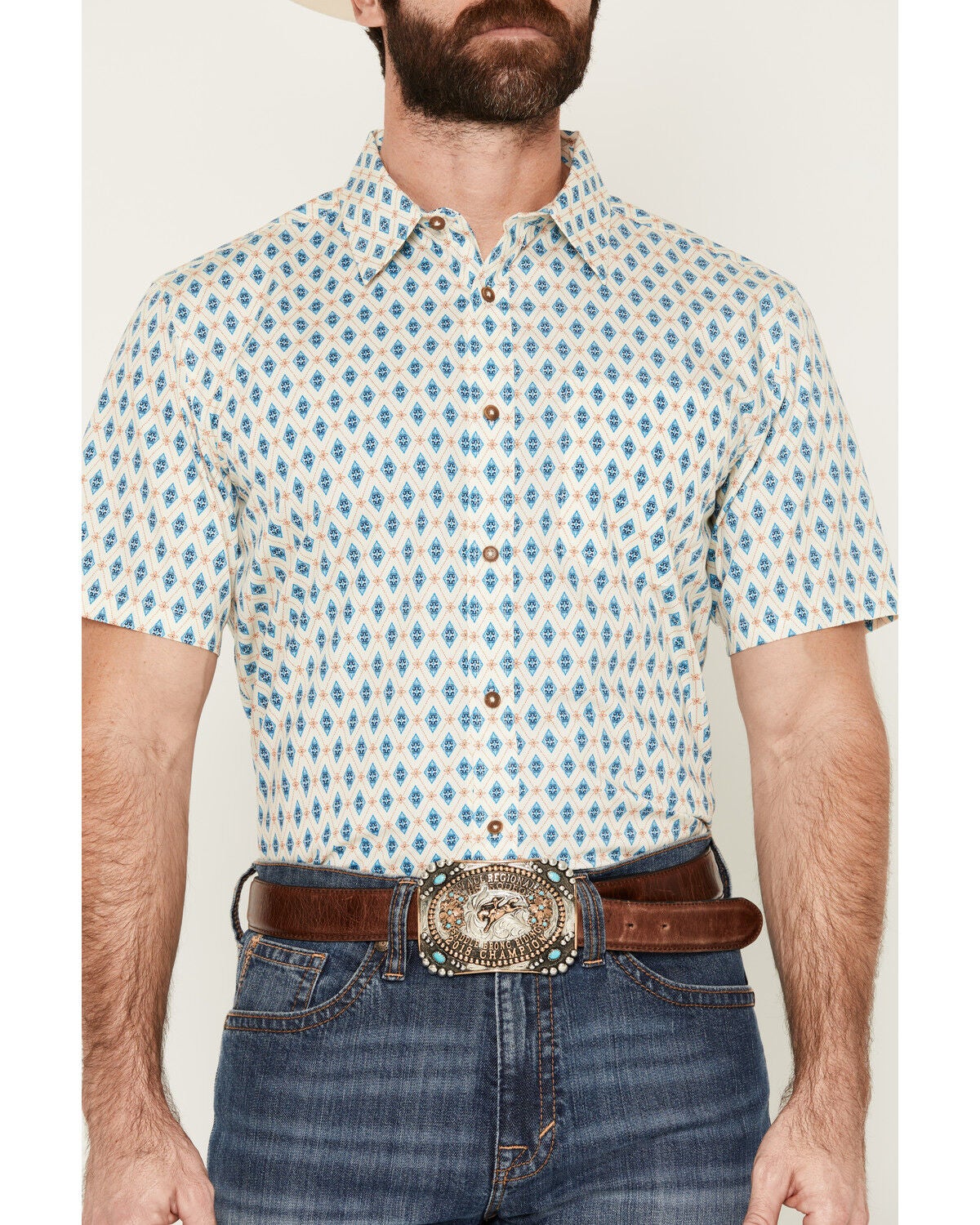 Image #3 - Gibson Trading Co Men's Sierra Diamond Geo Print Short Sleeve Button-Down Western Shirt, Ivory, hi-res