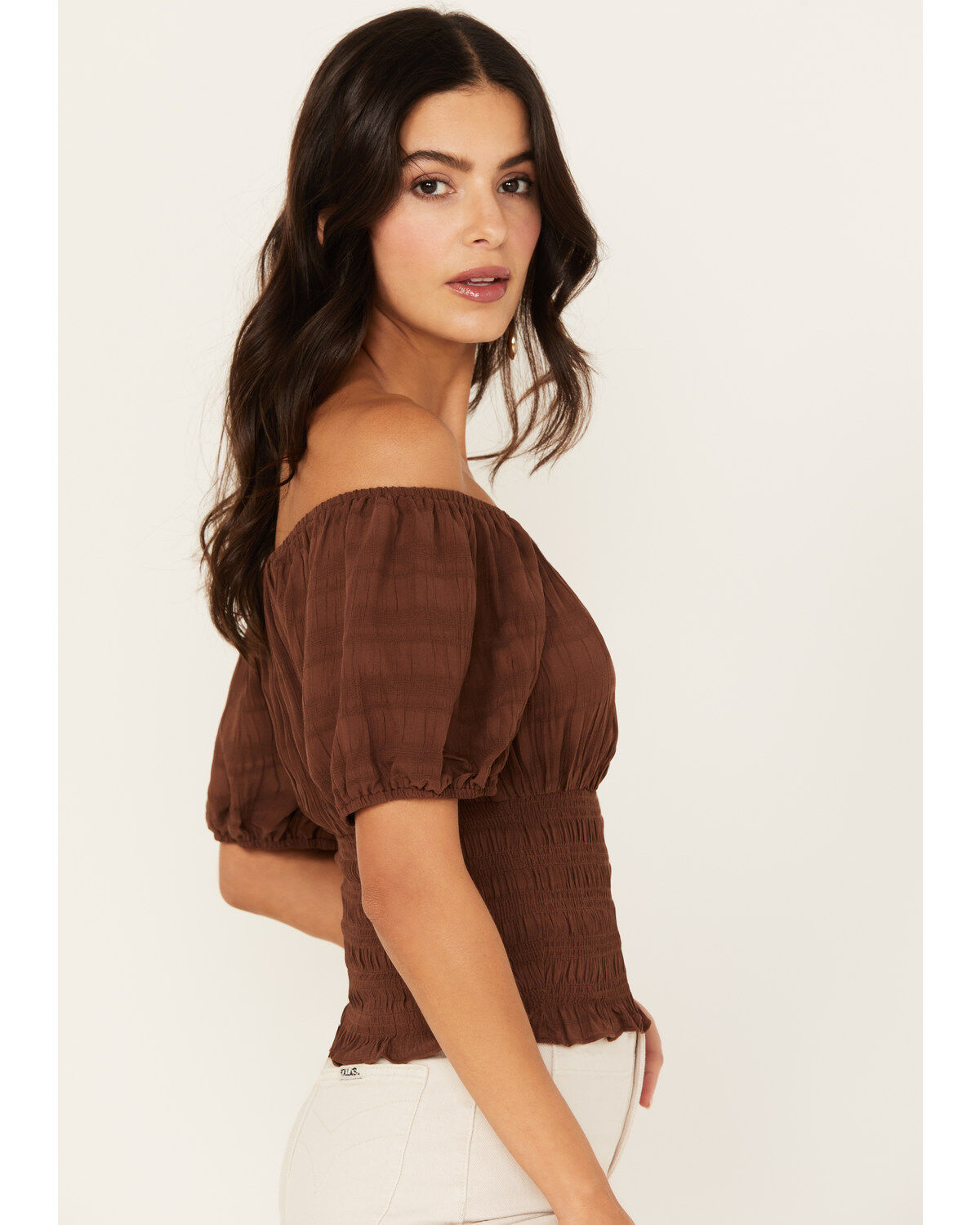 Image #2 - Shyanne Women's Puff Sleeve Smocked Bodice Top, Dark Brown, hi-res