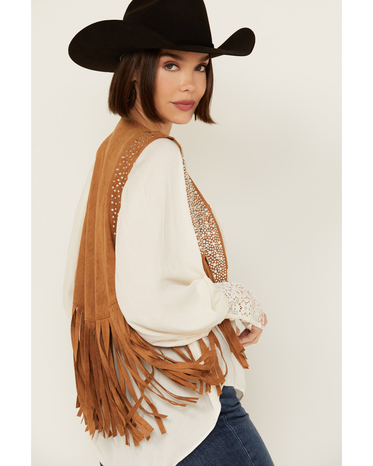 Image #2 - Vocal Women's Rhinestone Cropped Faux Suede Vest, Camel, hi-res