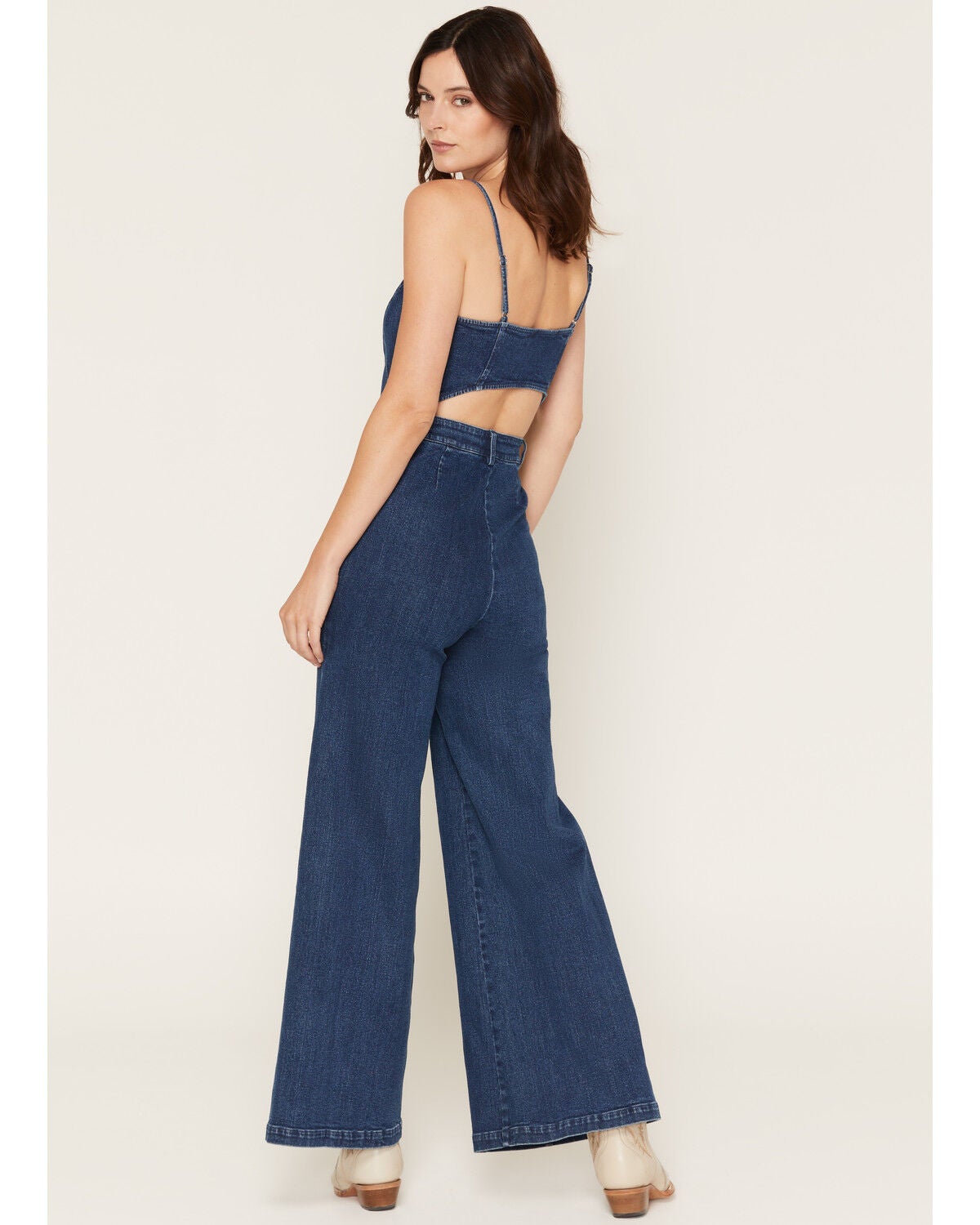 Image #4 - Flying Tomato Women's Dark Wash Sleeveless Seamed Button-Front Denim Jumpsuit, Dark Wash, hi-res