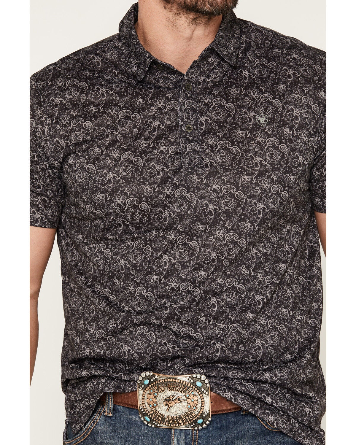 Image #3 - Ariat Men's Paisley Print Short Sleeve Button-Down Polo, Black, hi-res
