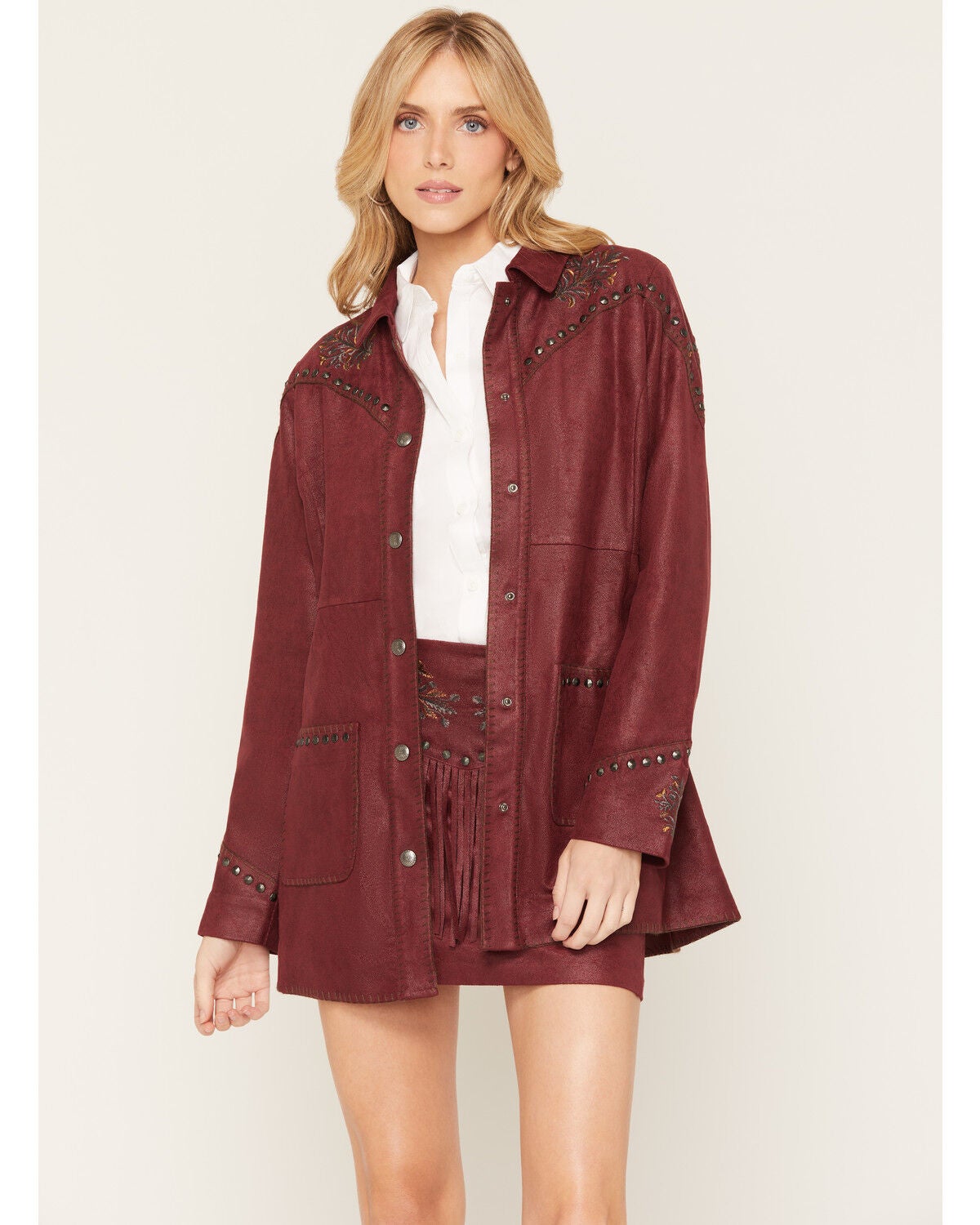 Shyanne Women's Faux Suede Metallic Embroidered Studded Jacket, Maroon, hi-res