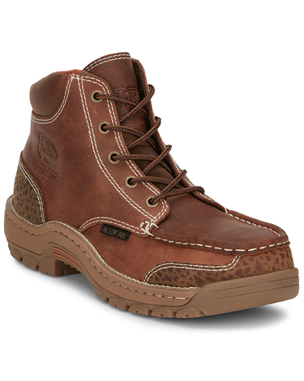 Justin Men's 5" Corbett Lace-Up Moc Waterproof Work Boots - Alloy Toe, Brown, hi-res