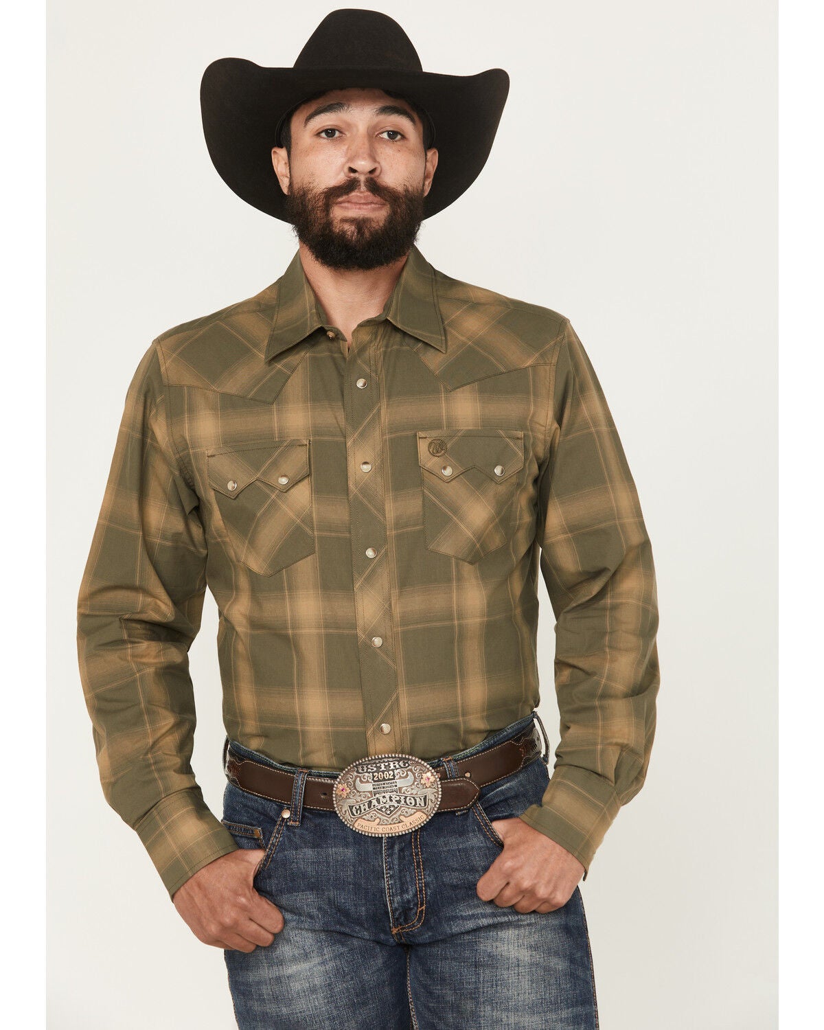 Image #1 - Wrangler Retro Men's Plaid Print Long Sleeve Snap Western Shirt, Green, hi-res