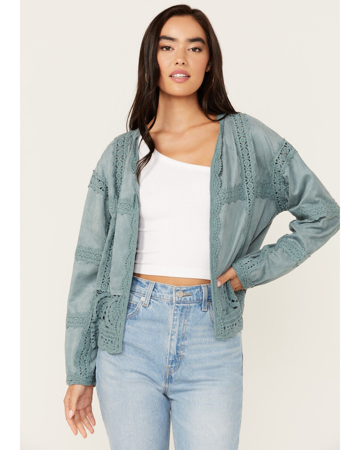 Miss Me Women's Crochet Faux Suede Jacket, Blue, hi-res