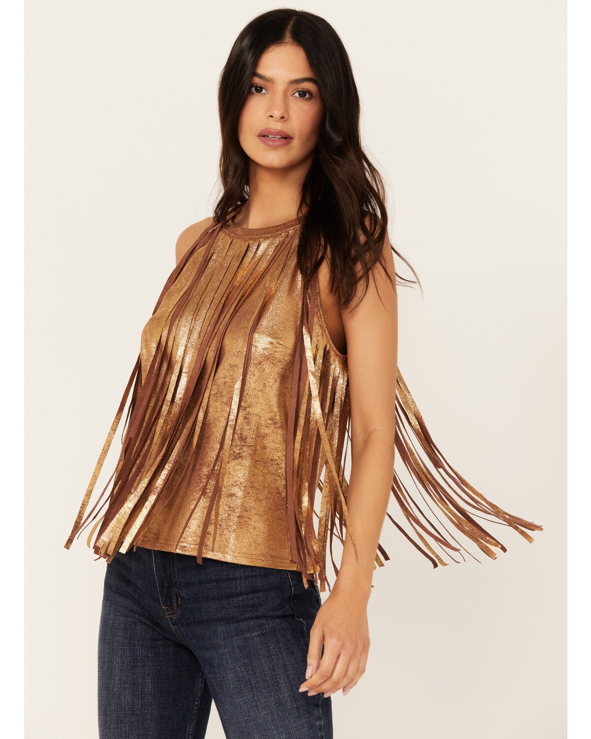 Idyllwind Women's Prescott Foiled Faux Suede Fringe Tank, Brown, hi-res