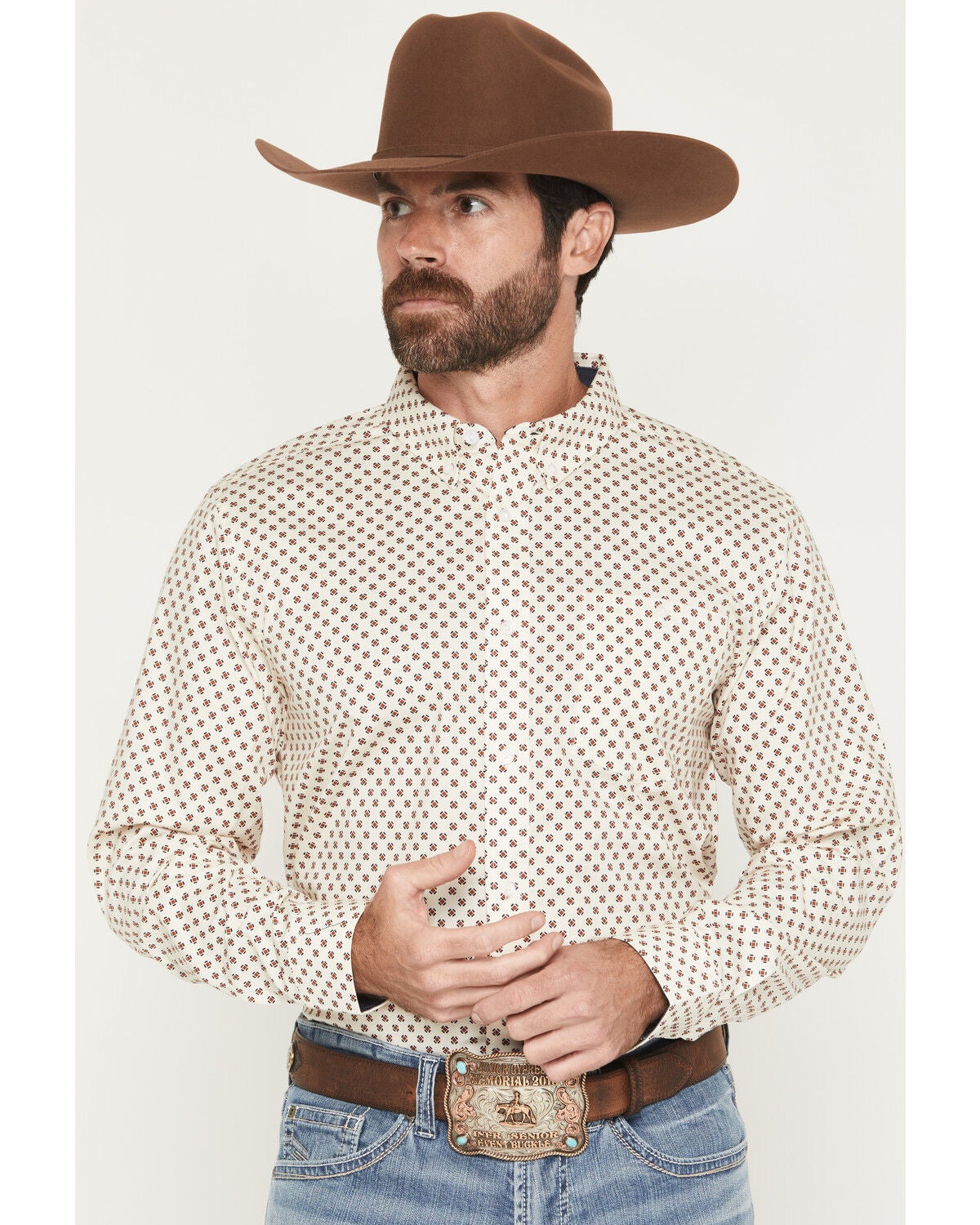 RANK 45&reg; Men's Cowboy Trail Geo Print Long Sleeve Button-Down Stretch Western Shirt, Cream, hi-res