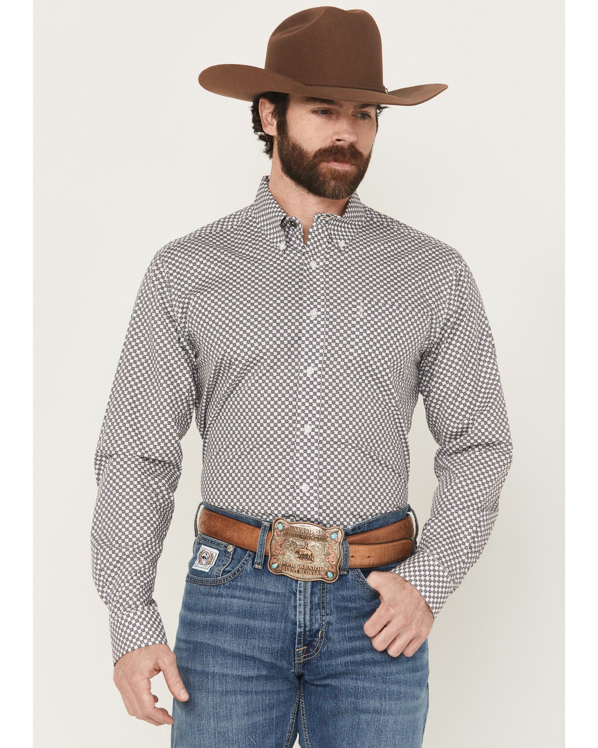 Cinch Men's Floral Geo Print Modern Fit Long Sleeve Button-Down Western Shirt, White, hi-res