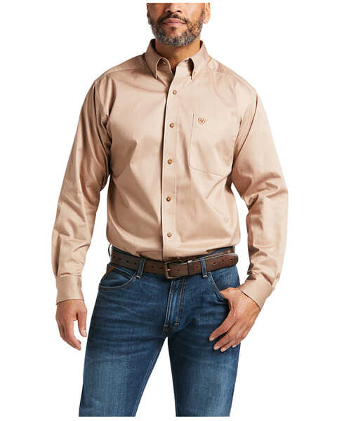Ariat Men's Khaki Solid Twill Long Sleeve Western Shirt , Khaki, hi-res