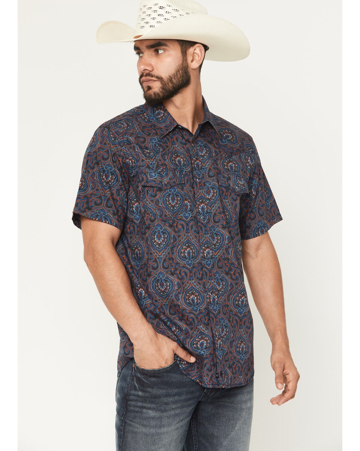 Moonshine Spirit&reg; Men's Hay Day Medallion Print Short Sleeve Western Shirt, Blue, hi-res