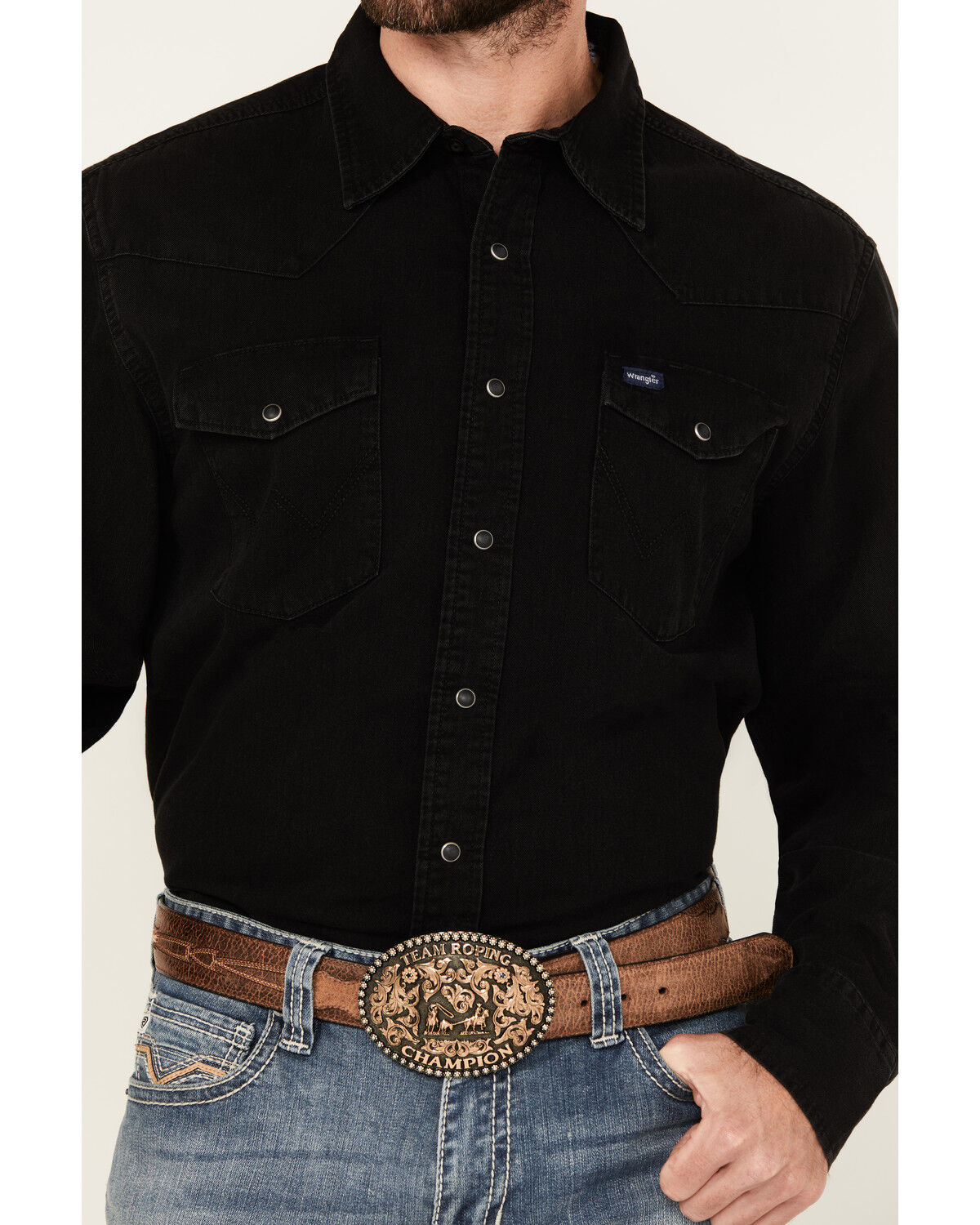 Image #3 - Wrangler Men's Solid Long Sleeve Snap Denim Western Shirt, Black, hi-res