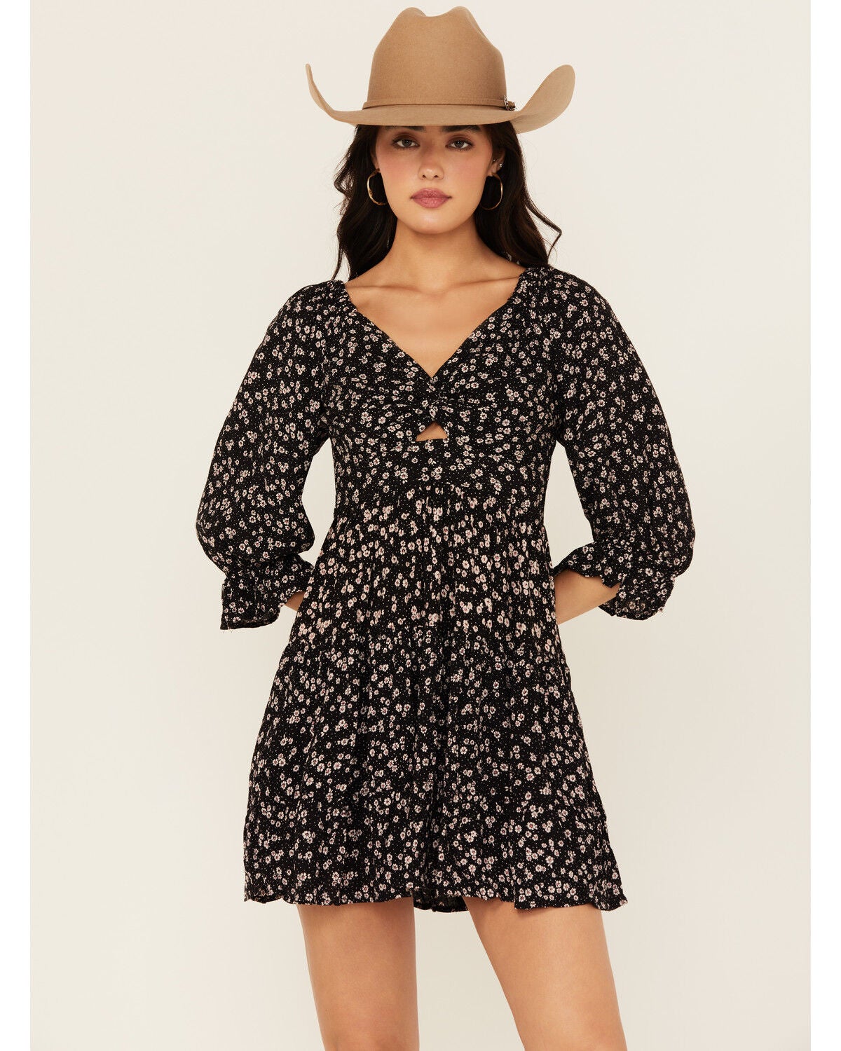 Angie Women's Floral Print Knot Front Mini Dress, Black, hi-res